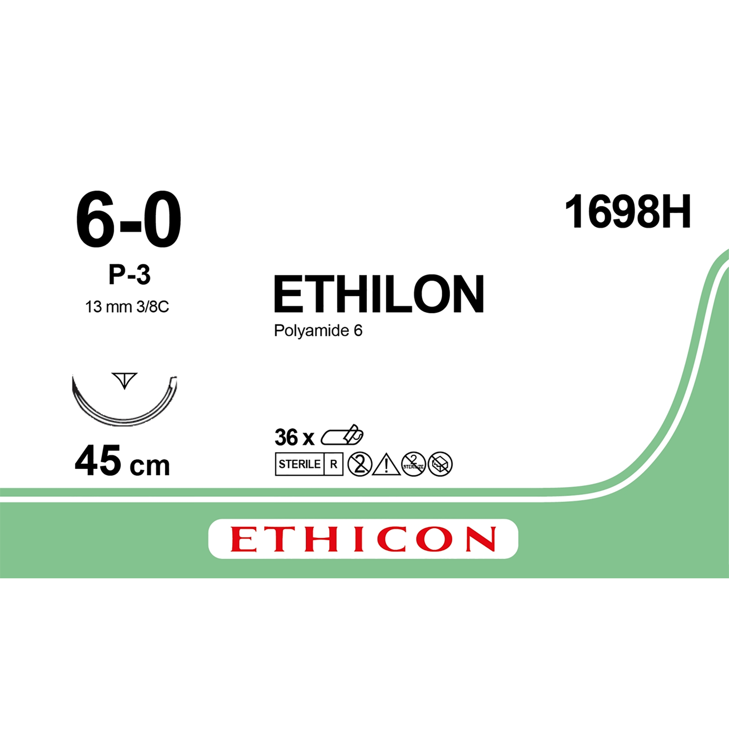 Ethicon Nylon Suture | Non Absorbable | Black | Size: 6-0 | Length: 45" | Needle: P-3 | Pack of 36