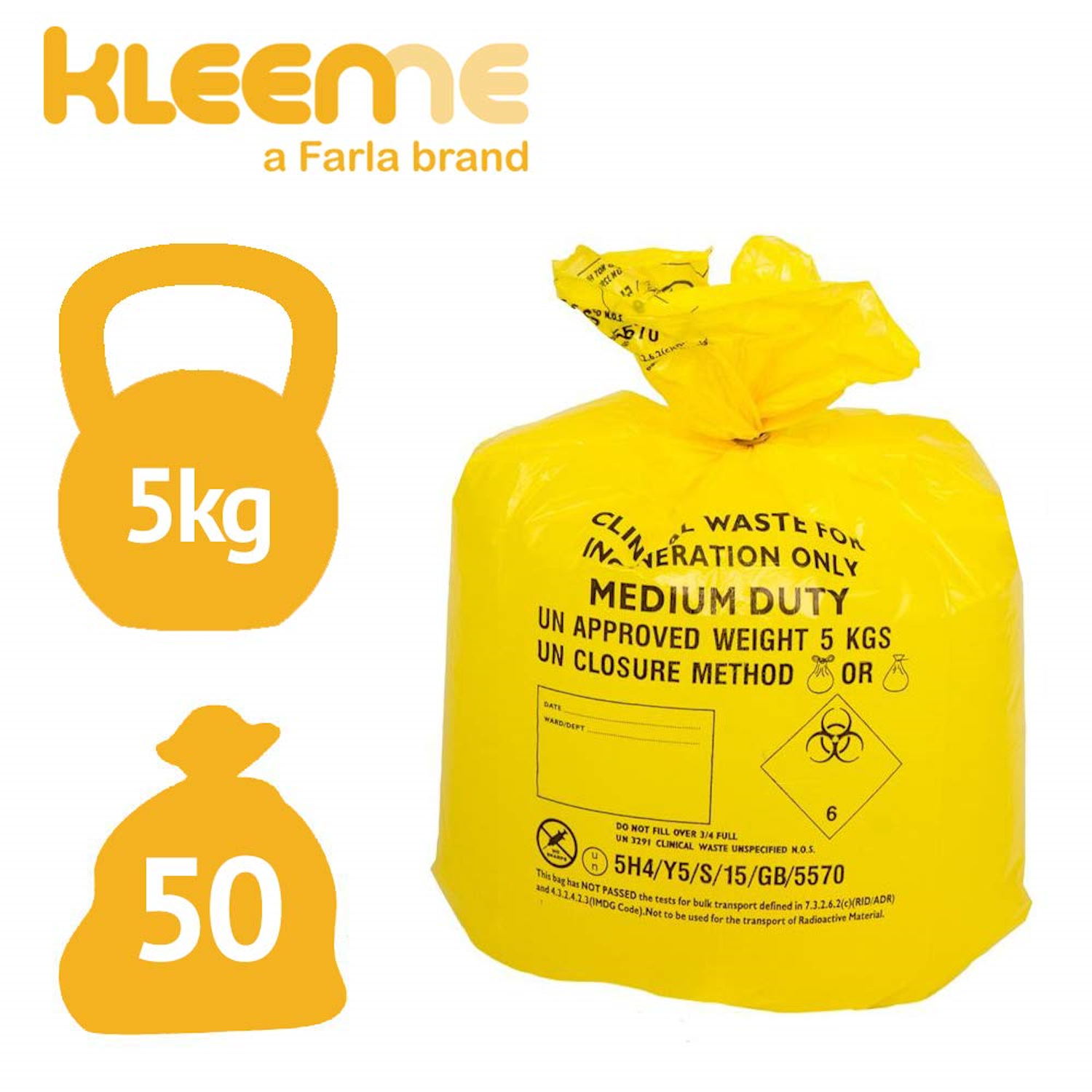 KleenMe Clinical Waste Sacks | Medium Duty | Yellow | Roll of 50
