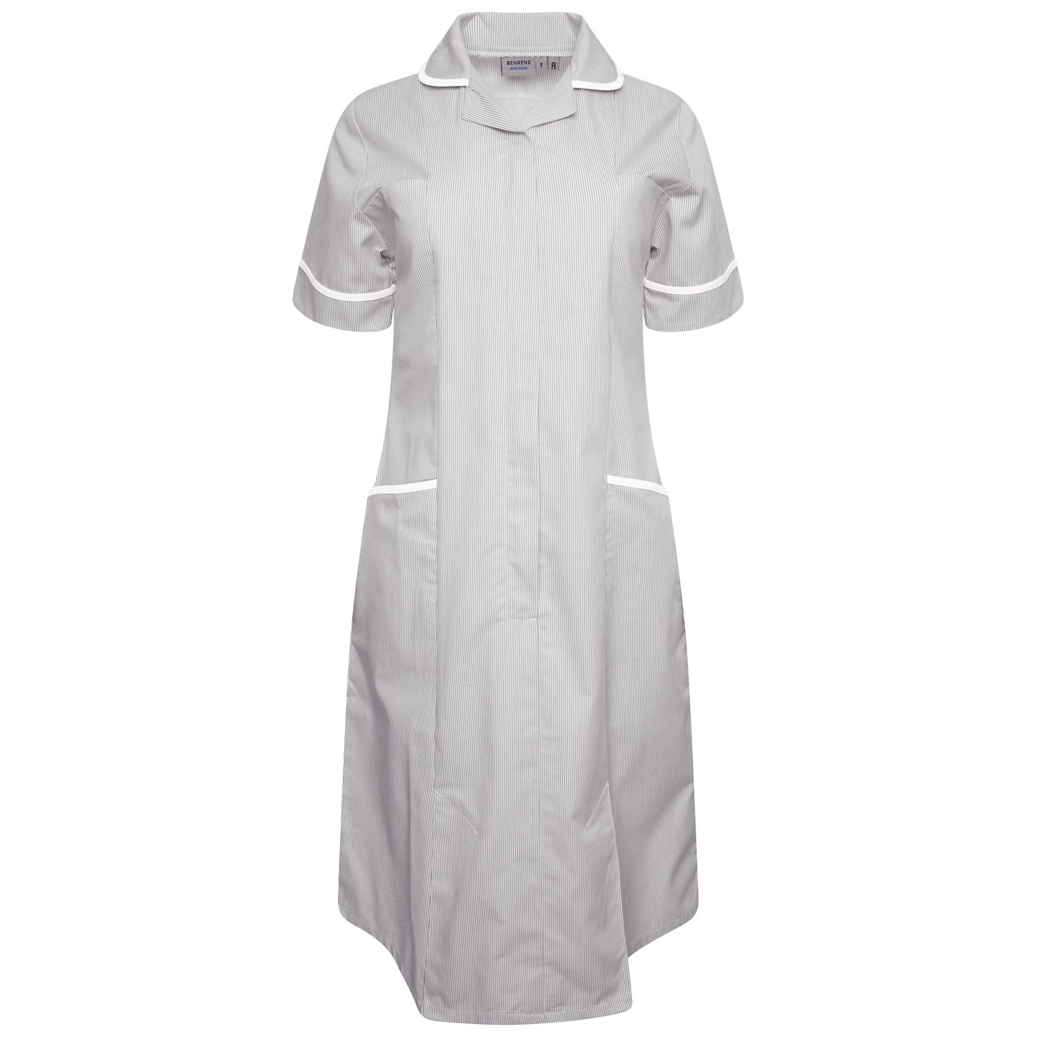 Ladies Healthcare Dress | Round Collar | Grey White Stripe/White Trim
