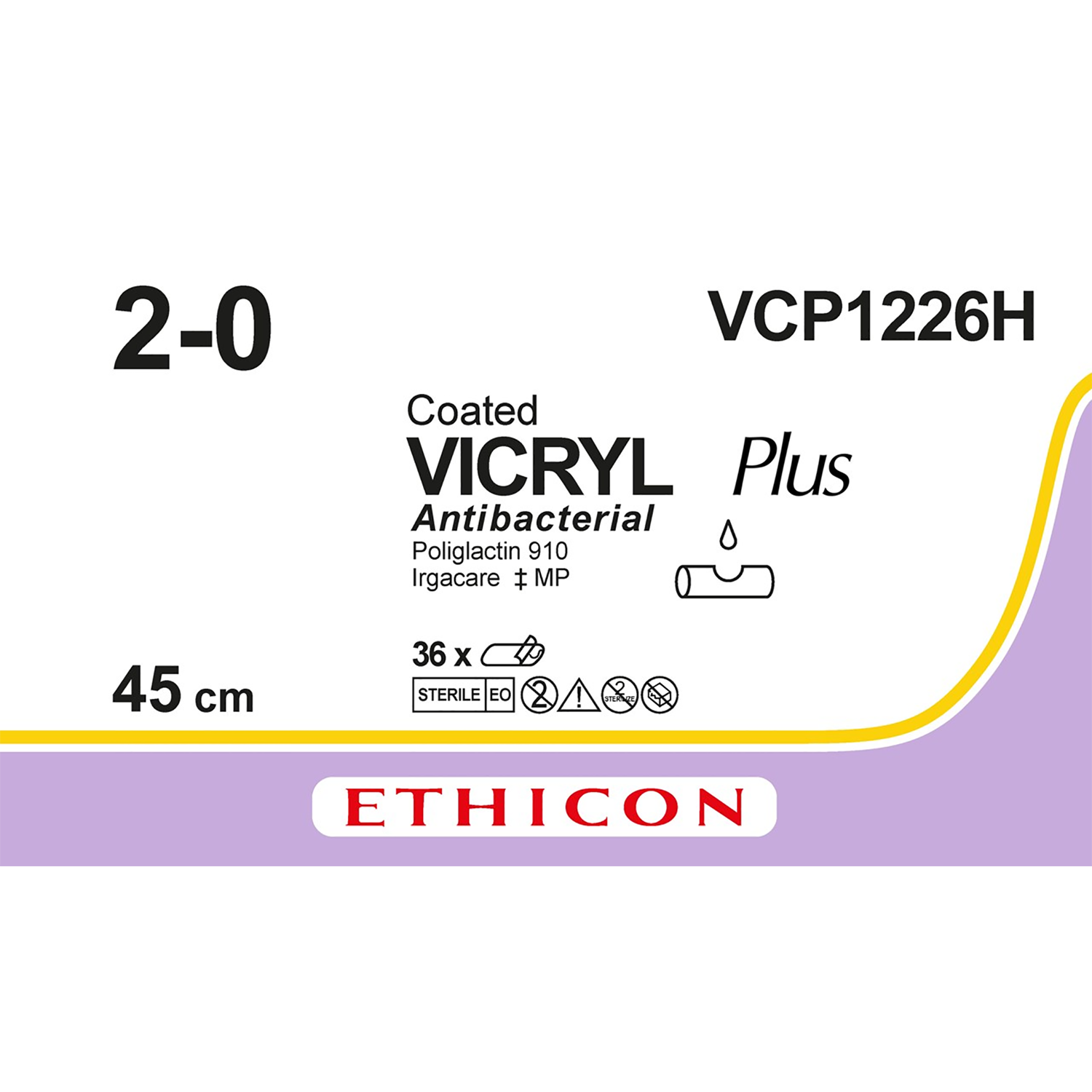 Ethicon Coated Vicryl Plus Suture | Absorbable | Violet | Size: 2-0 | Length: 45 | Needle: SUTUPAK | Pack of 36