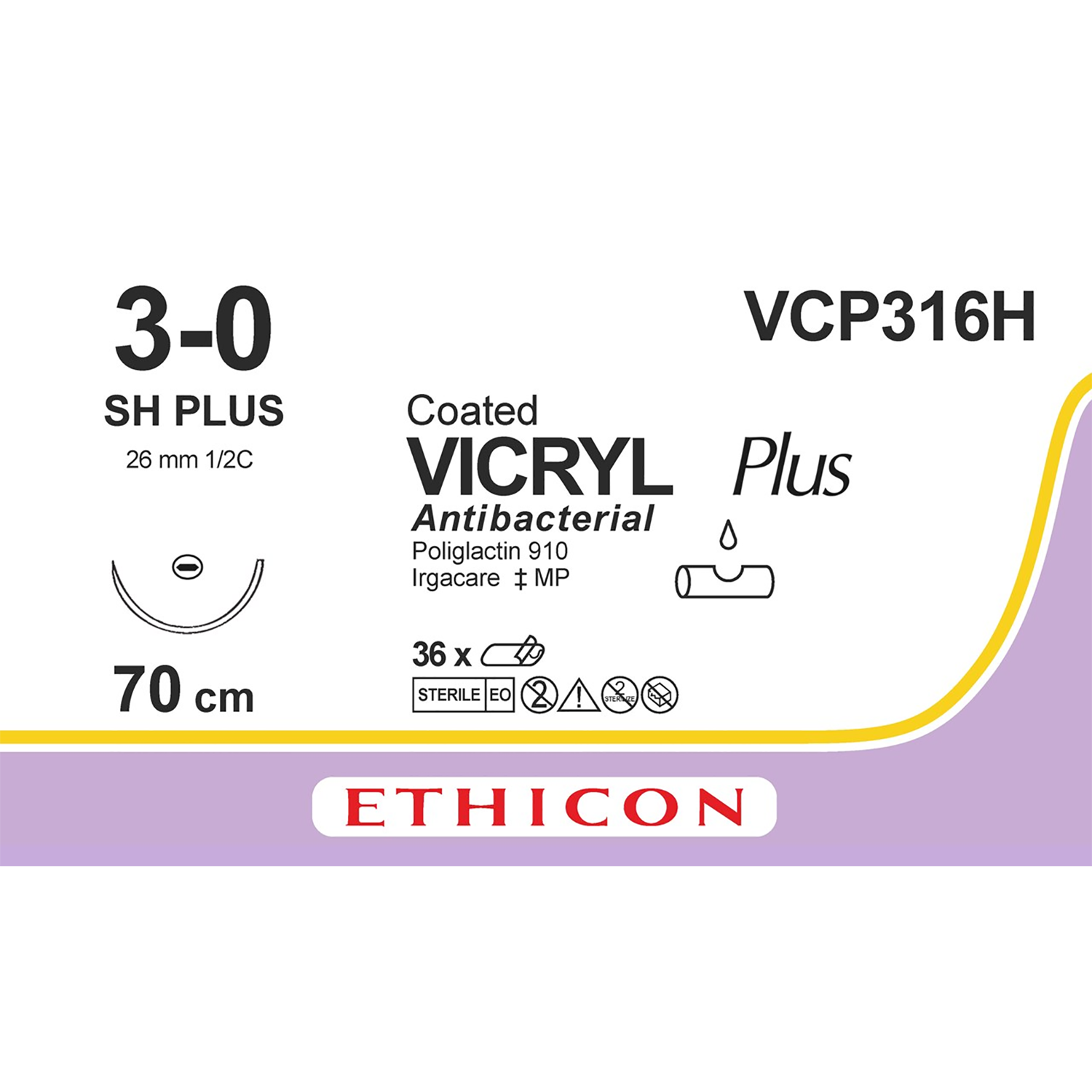 Ethicon Coated Vicryl Plus Suture | Absorbable | Violet | Size: 3-0 | Length: 27" | Needle: SH | Pack of 36