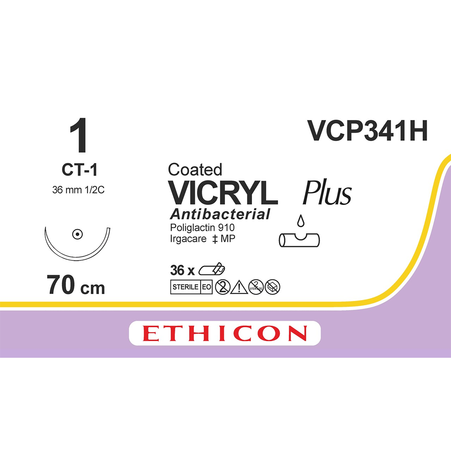 Ethicon Coated Vicryl Plus Suture | Absorbable | Violet | Suture Size: 1 | Length: 27" | Needle: CT-1 | Pack of 36