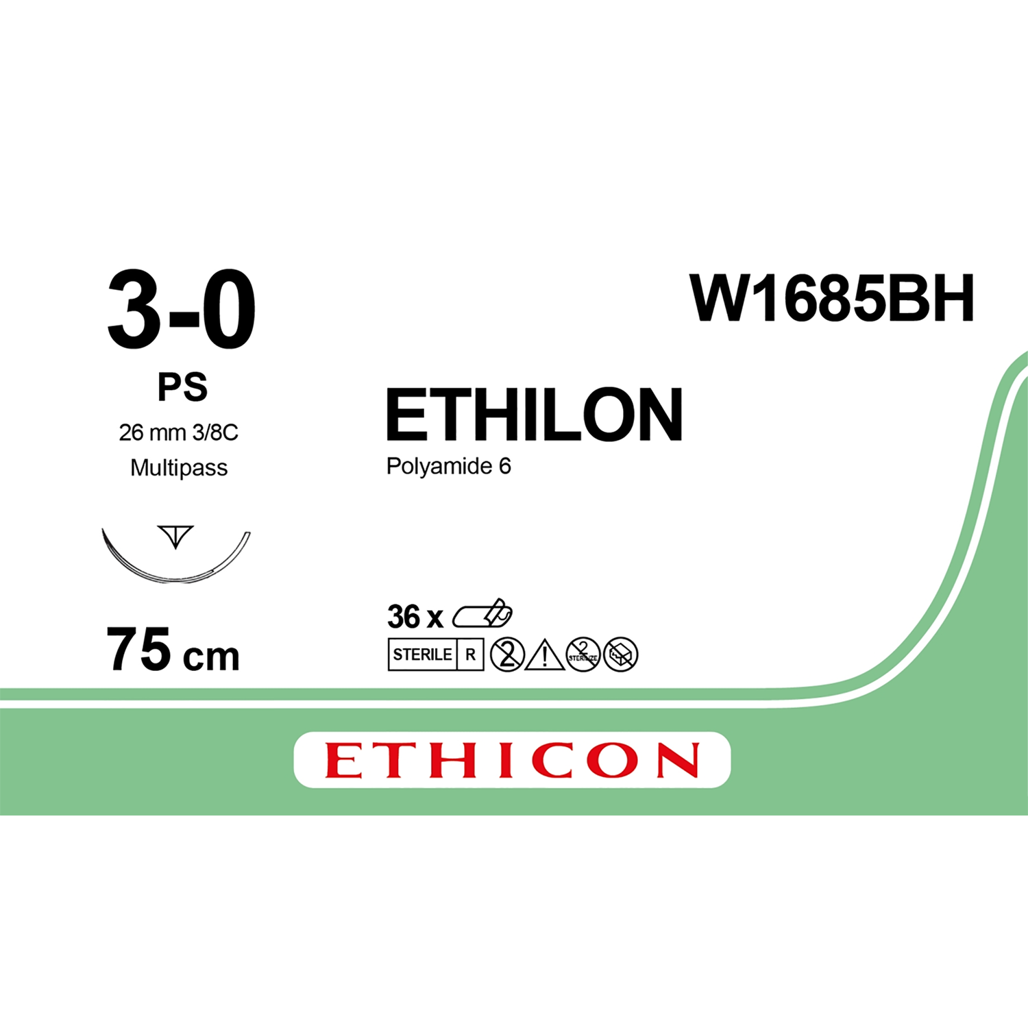 Ethicon Ethilon Polyamide 6 Suture | Black | Size: 3-0 | Length: 75cm | Reverse Cutting 3/8C | Needle: PS | Pack of 36