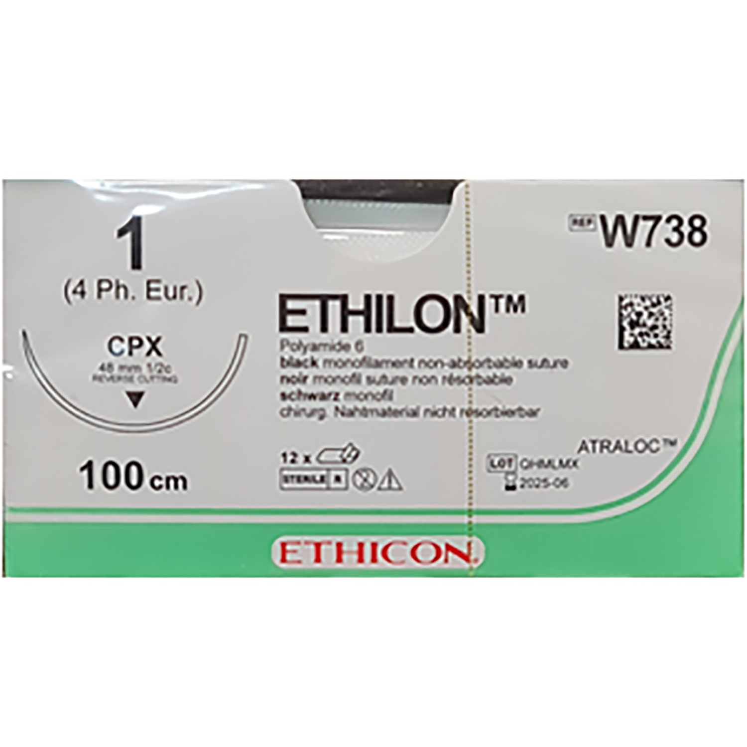 Ethicon Nylon Suture | Non Absorbable | Black | Size: 1 | Length: 100 | Needle: CPX | Pack of 12