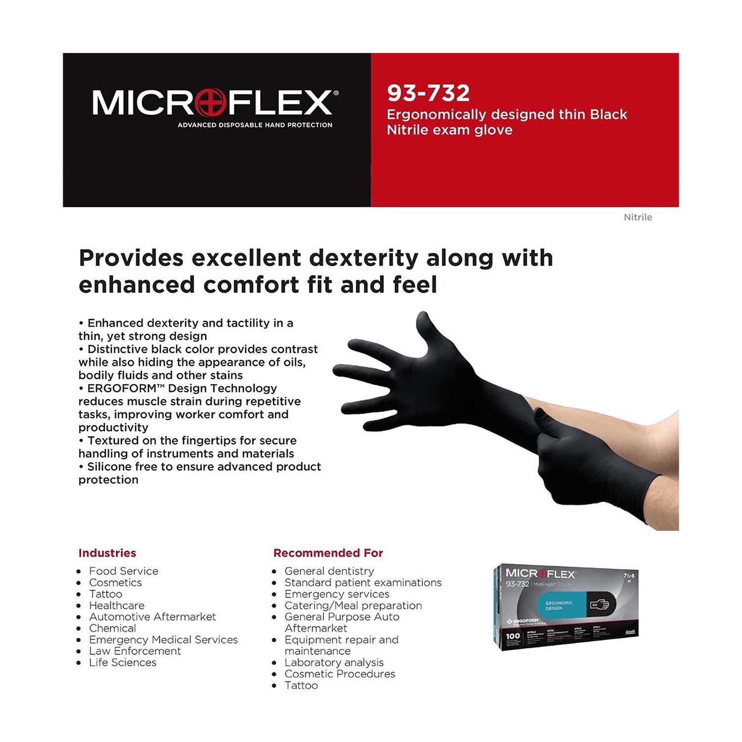 Ansell MicroFlex MidKnight Touch Nitrile Gloves | Powder Free | Black | Pack of 100 Pieces (2)