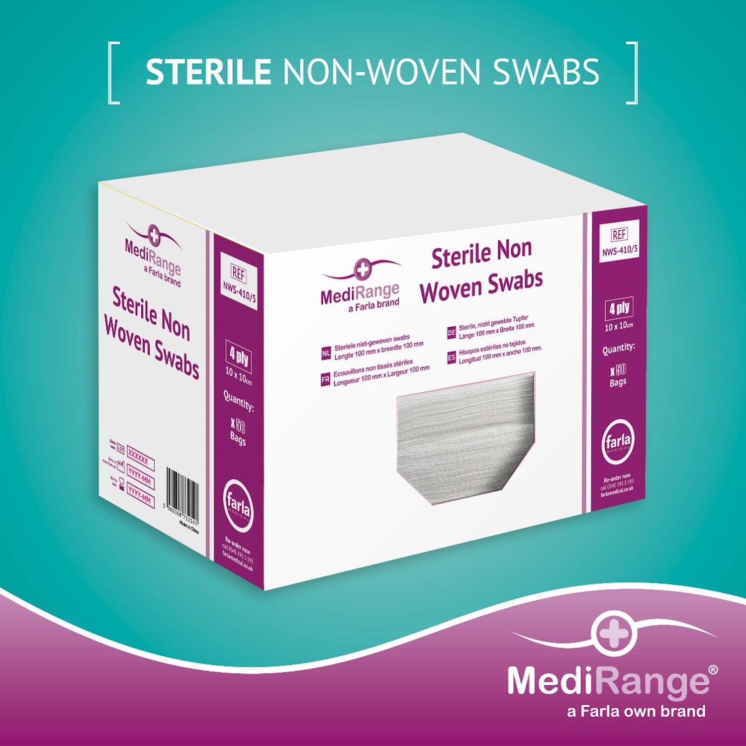 MediRange Non-Woven Swabs | Sterile | 10 x 10cm | 4 Ply | Pack of 5 x 50
