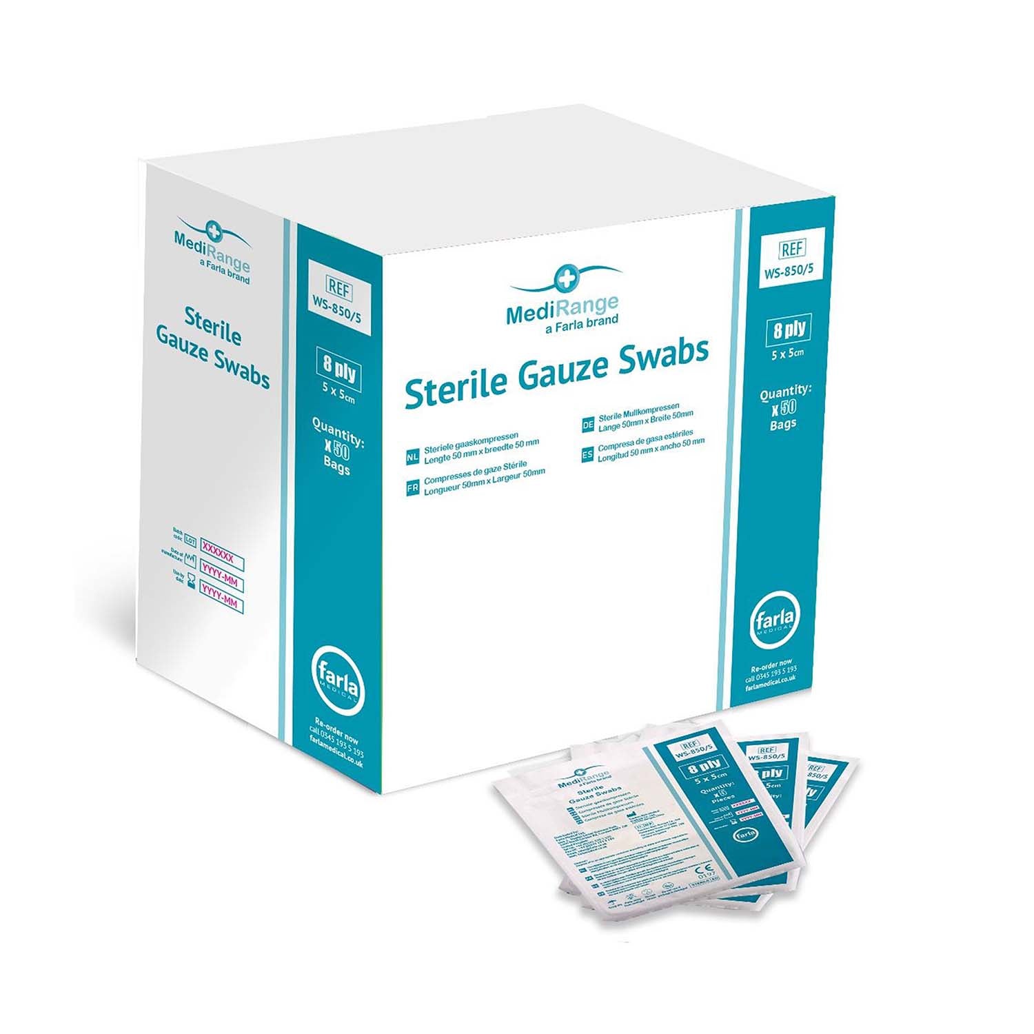 MediRange Gauze Swabs | 5 x 5cm | 8 ply | Sterile | Pack of 50 | x5 Pieces per Pouch | Short Expiry Date