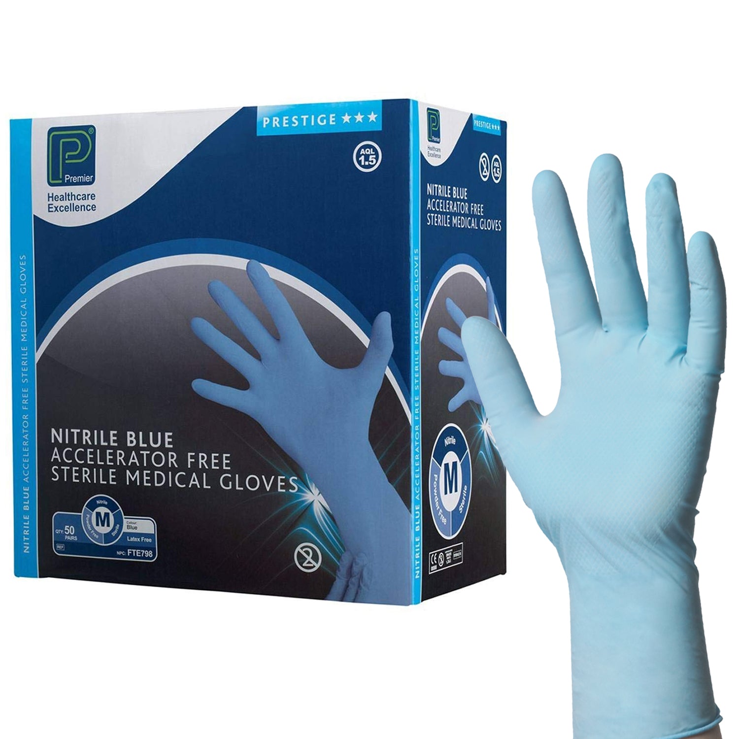 Premier AF Nitrile Examination Gloves | Sterile | Latex Free | Medium | Pack of 50 Pairs (8)