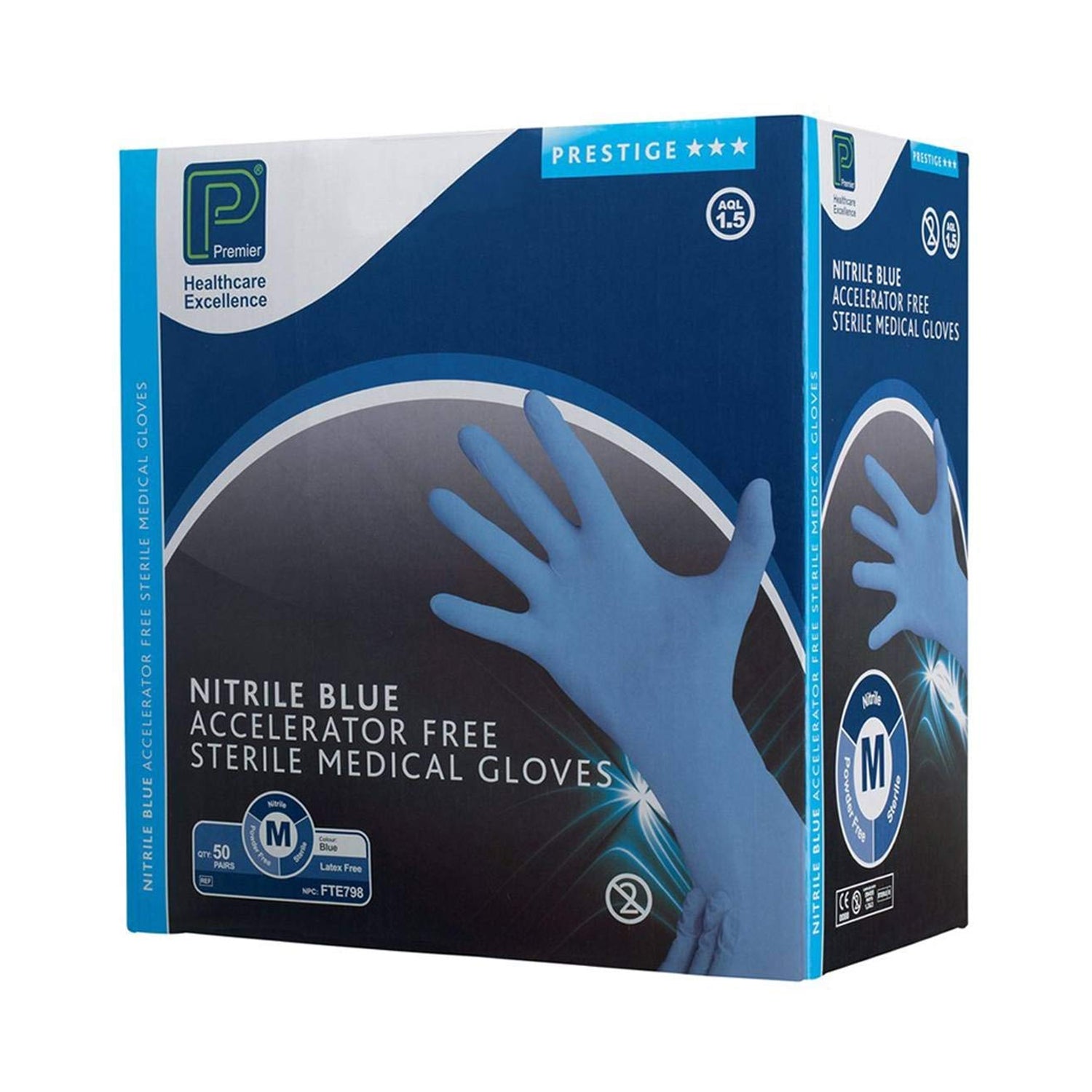 Premier AF Nitrile Examination Gloves | Sterile | Latex Free | Medium | Pack of 50 Pairs (5)