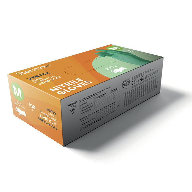 Vertex Nitrile Long-Cuff Powder-Free Gloves | Green | Case of 10 (100 Pieces / Pack)