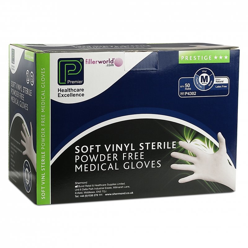 Premier Soft Vinyl Powder Free Gloves | Sterile | Latex Free | Medium | Pack of 50 Pairs