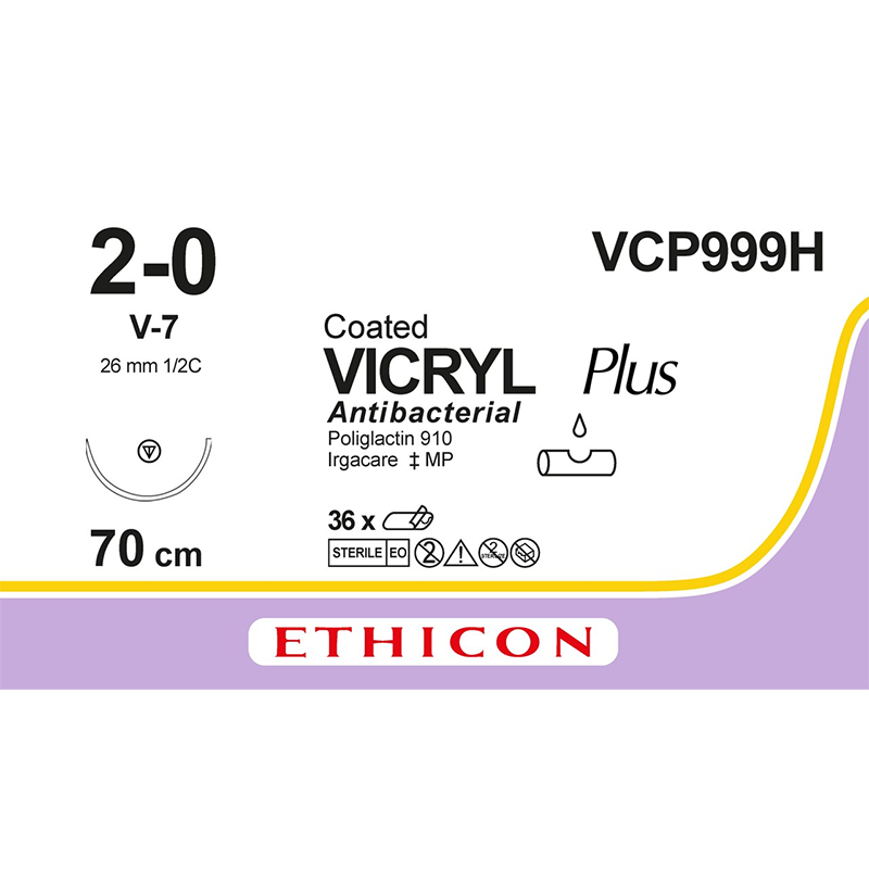 Ethicon Coated Vicryl Plus Suture | Absorbable | Silver| Suture Size: 2-0 | Length: 26mm | Needle: V-7 | Point Type Tapercut | Pack of 36