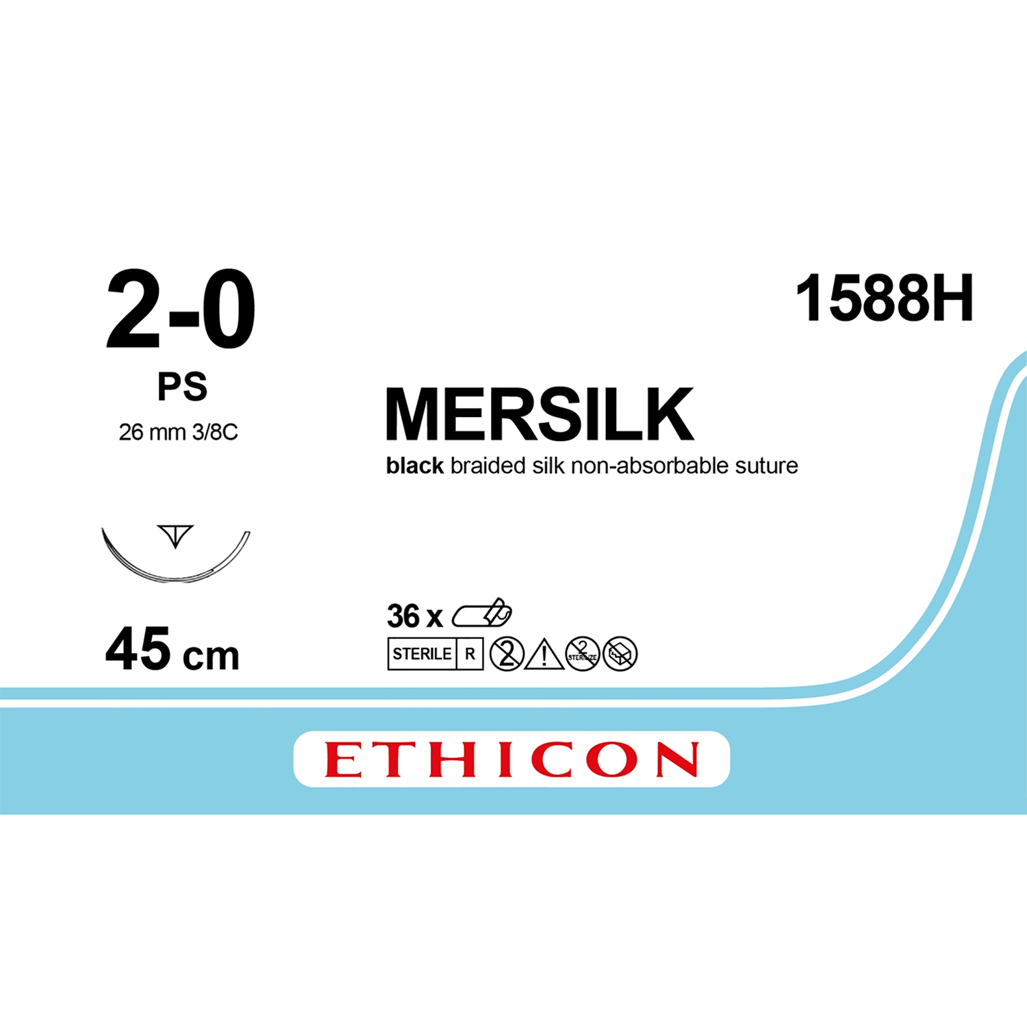 Ethicon Mersilk Suture | Non Absorbable | Black | Size: 2-0 | Length: 18" | Needle: PS | Pack of 36