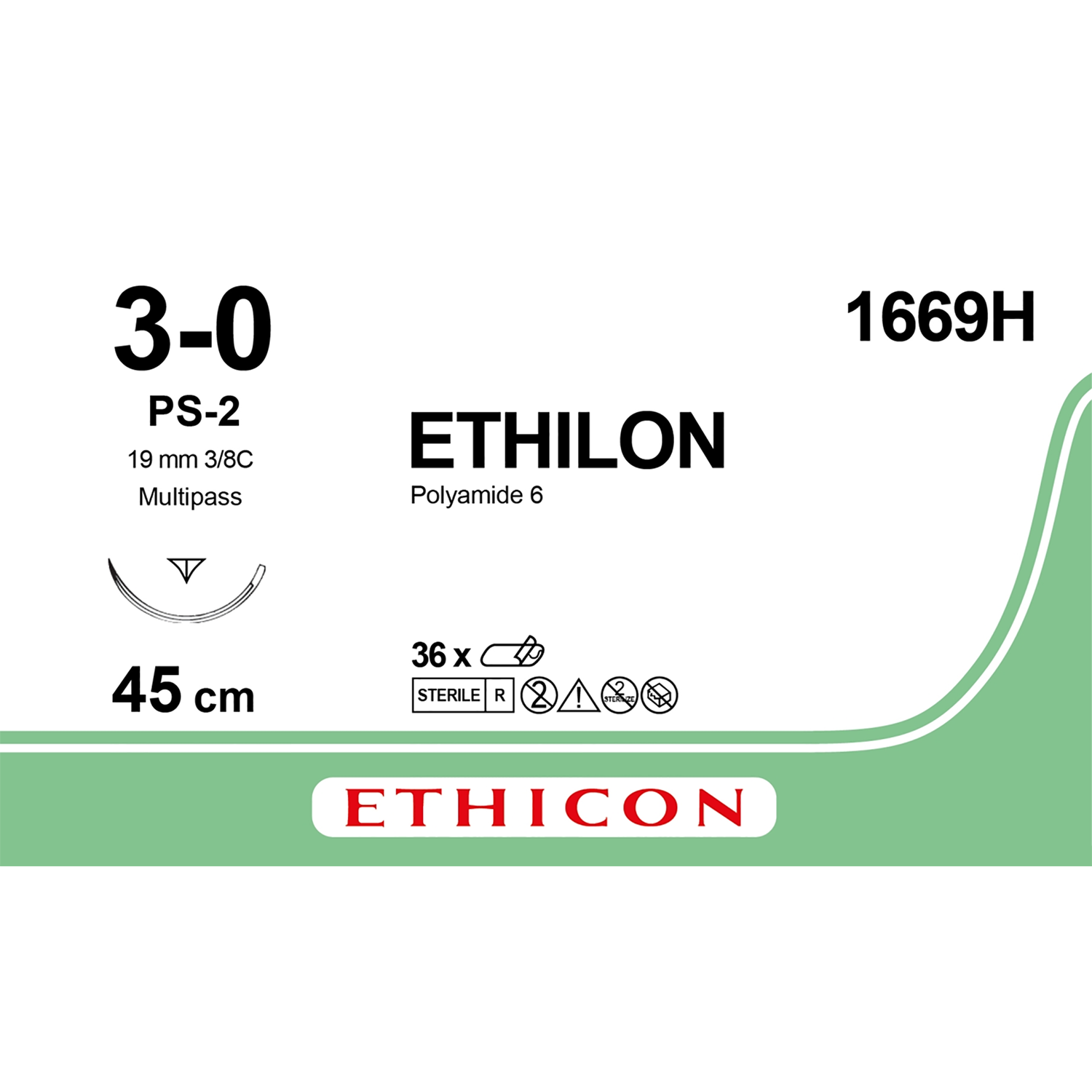 Ethicon Ethilon Polyamide 6 Suture | Non Absorbable | Black | Size: 3-0 | Length: 45cm | Needle: PS-2 | Pack of 36
