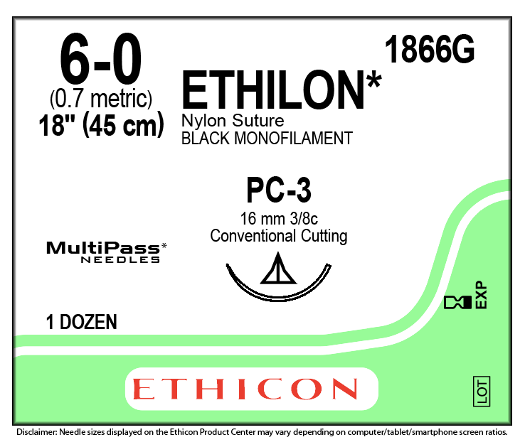 Ethicon Ethilon Suture | Black | Size: 6-0 | Length: 45cm | Needle: PC-3 | Pack of 12 (2)