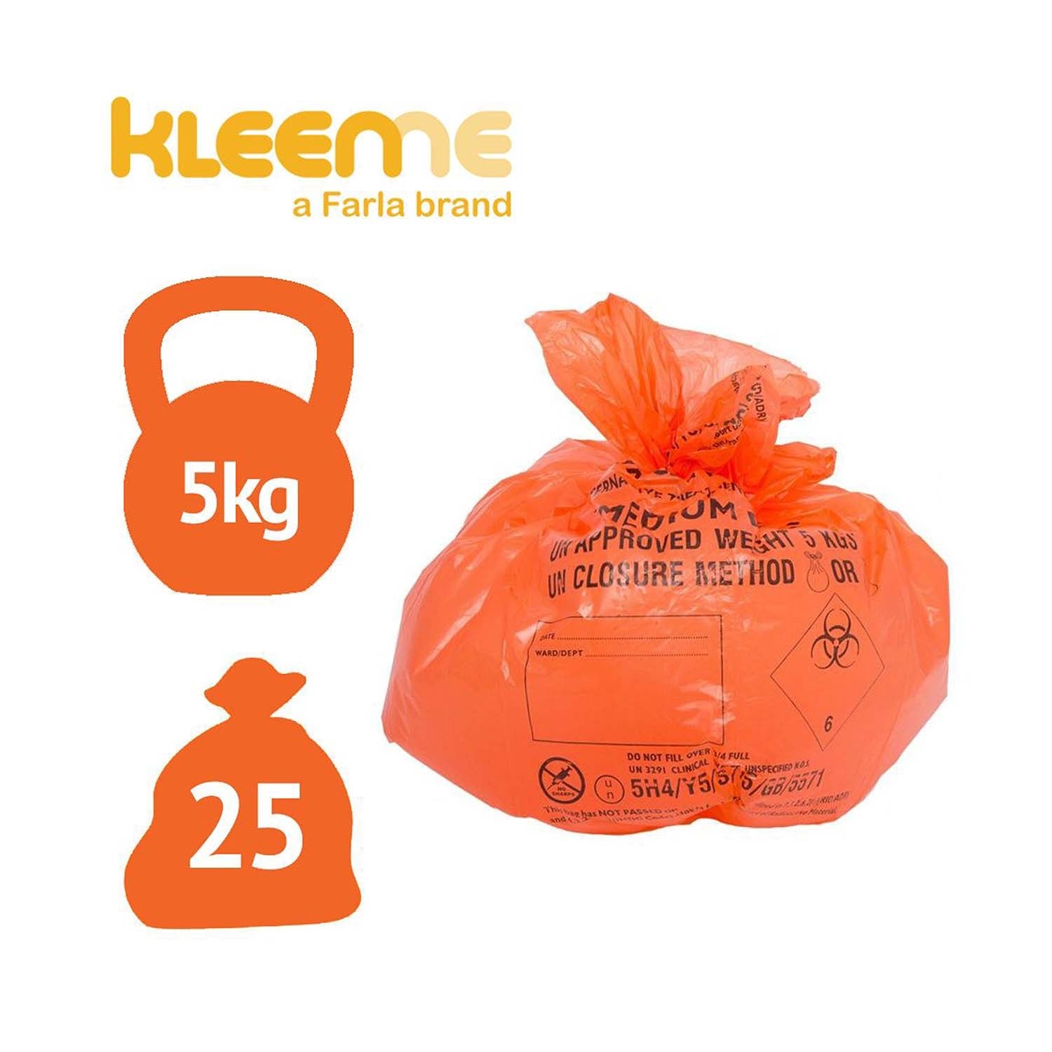 KleenMe Clinical Waste Sacks | Medium Duty | Orange | Roll of 25