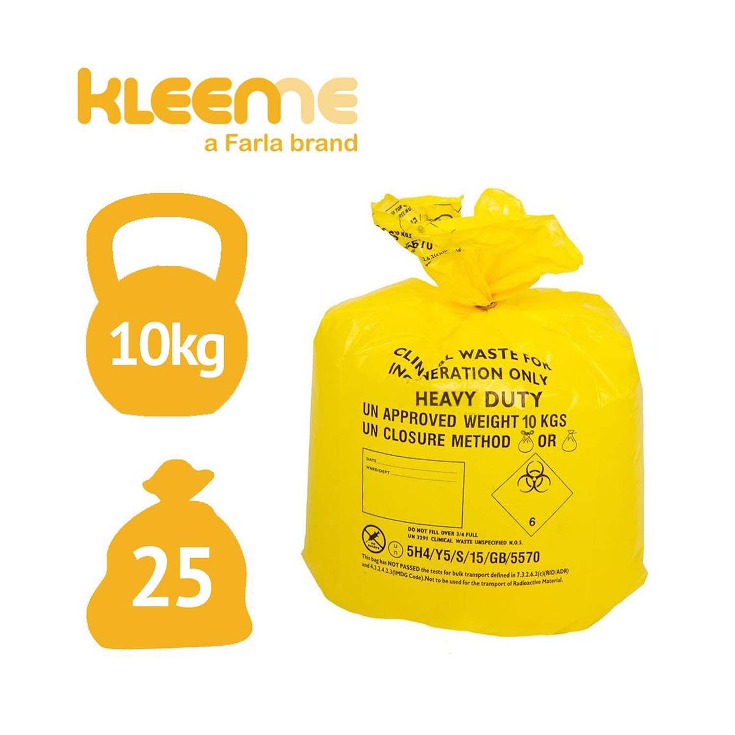 KleenMe Clinical Waste Sacks | Heavy Duty | Yellow | Roll of 25