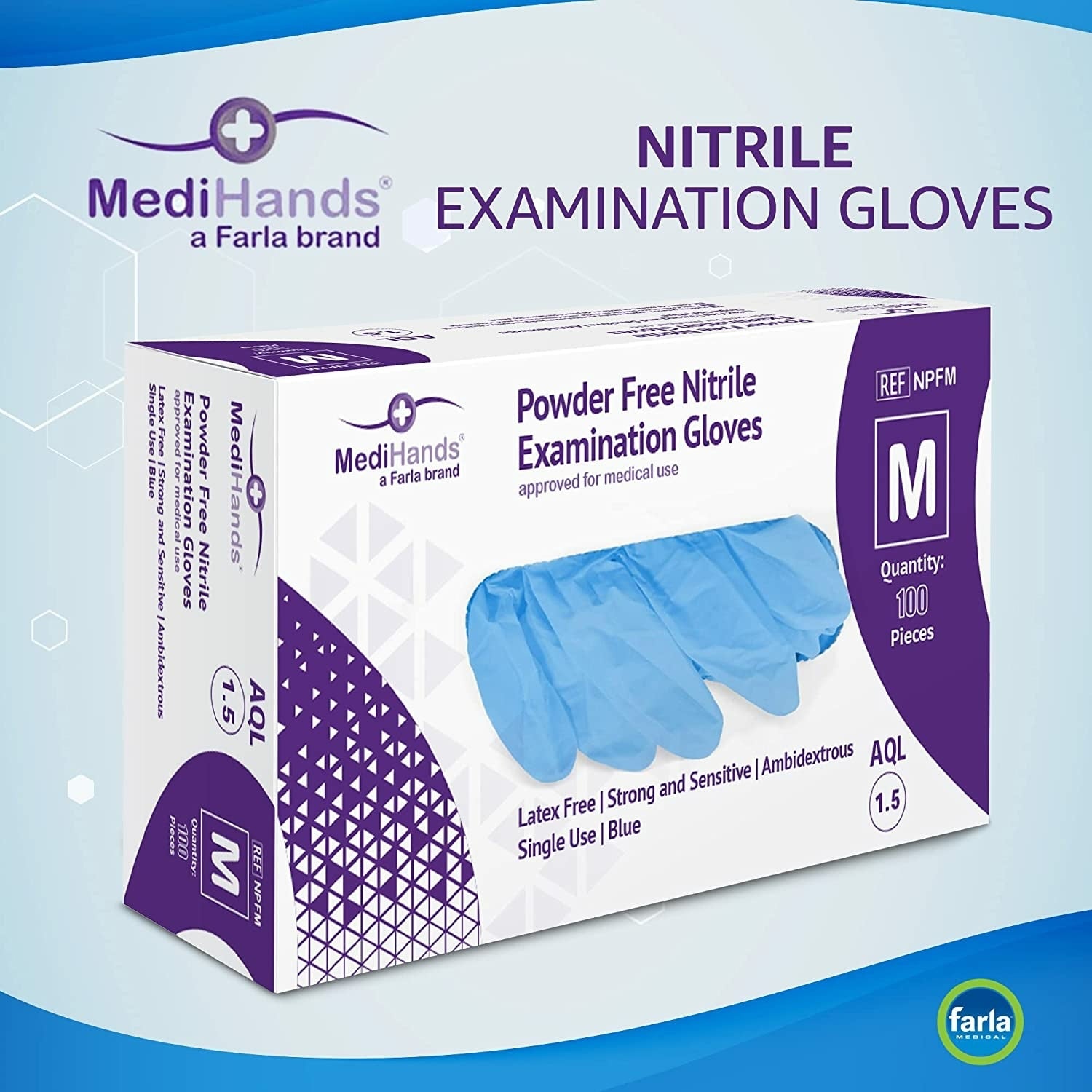 MediHands Examination Nitrile Powder Free Gloves | Blue | Pack of 100 Pieces (1)
