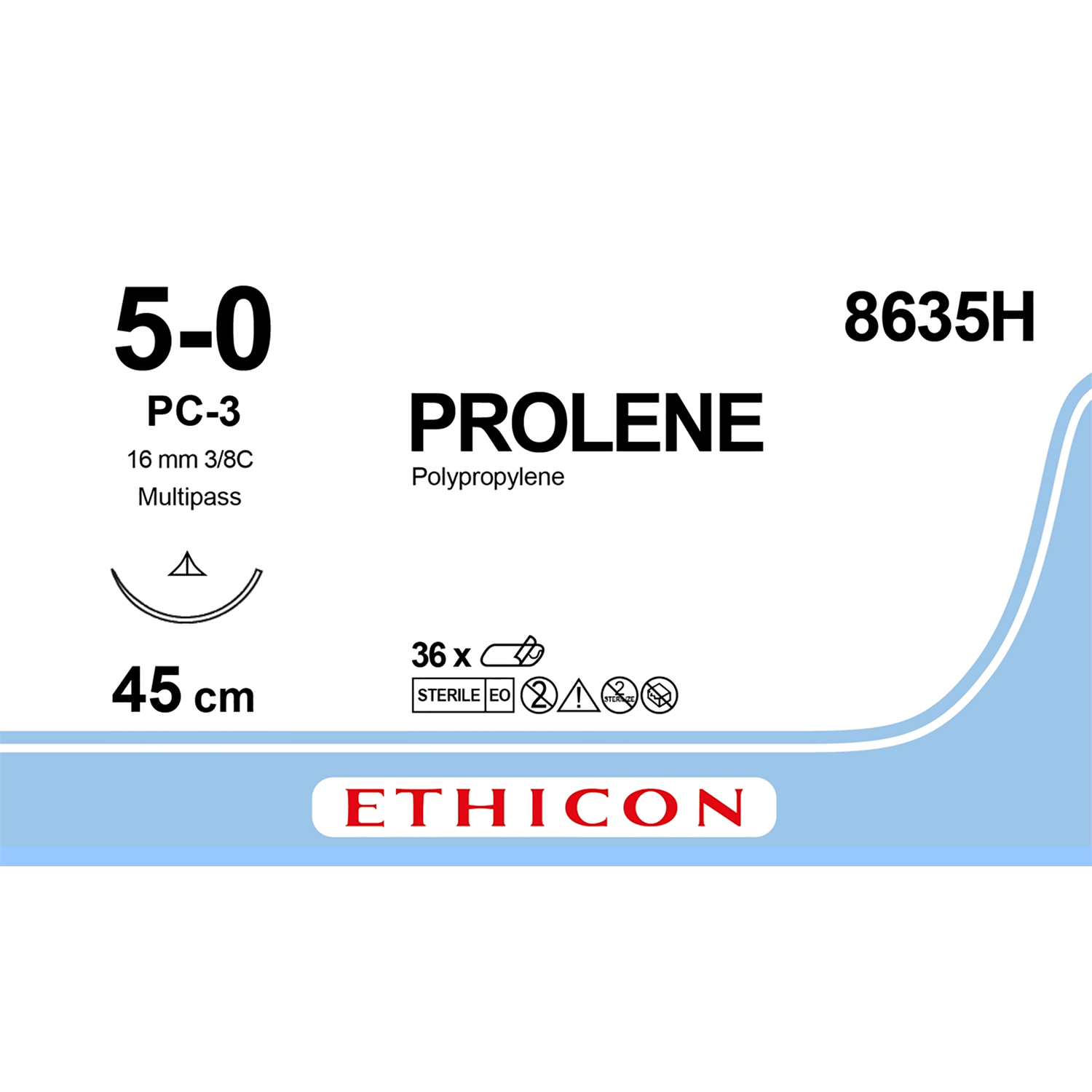 Ethicon Prolene Suture | Non Absorbable | Blue | Size: 5-0 | Length: 45cm | Needle: PC-3 Prime | Pack of 36
