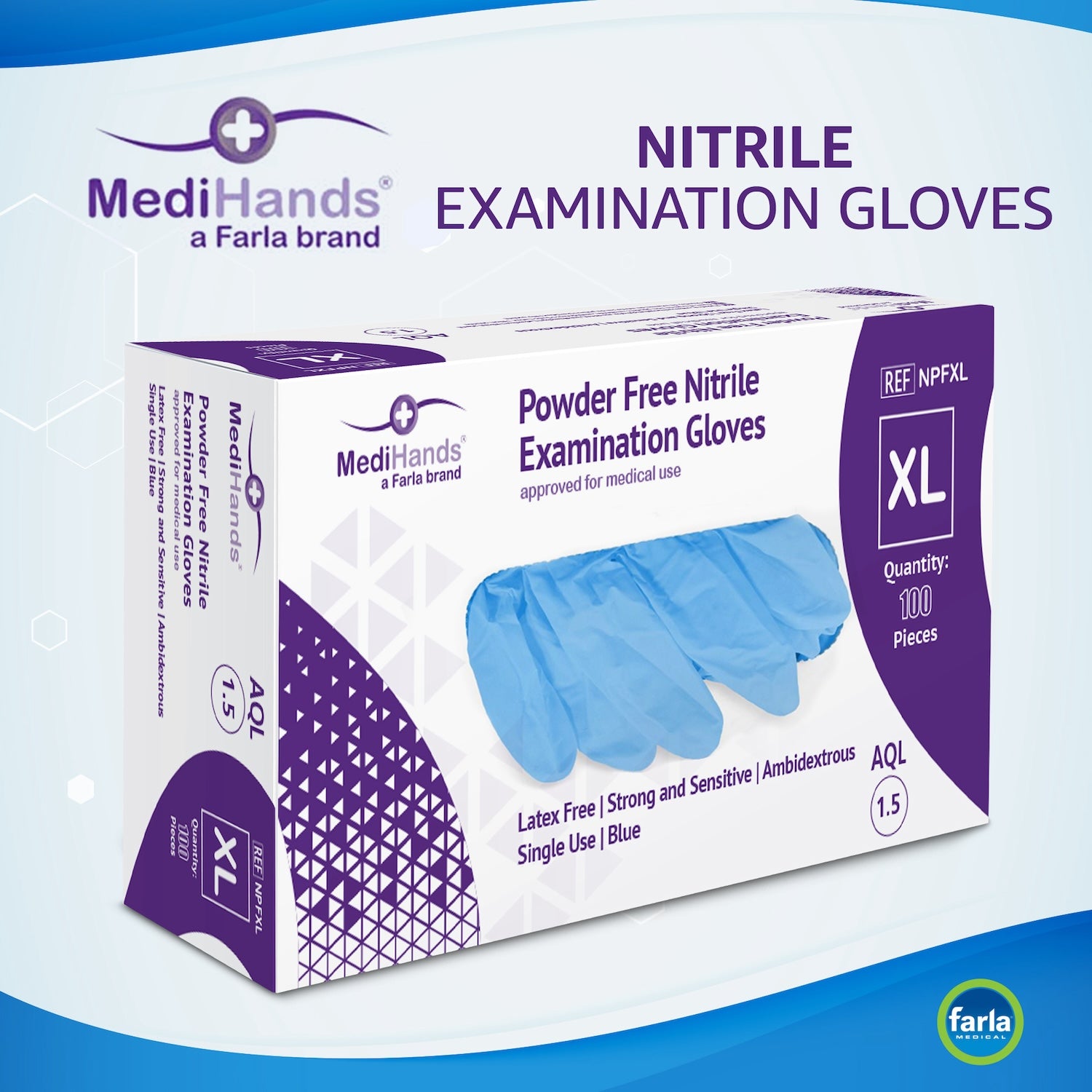 MediHands Examination Nitrile Powder Free Gloves | Blue | XLarge | Pack of 100 Pieces