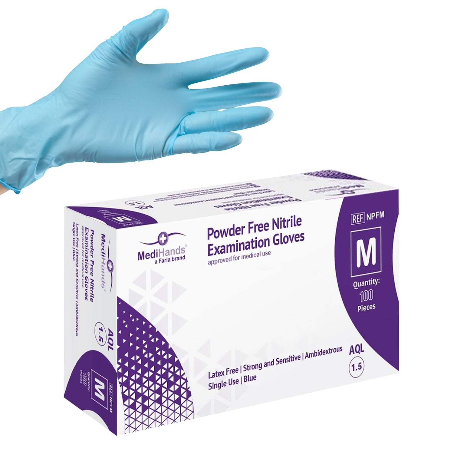 MediHands Examination Nitrile Powder Free Gloves | Blue | Medium | Pack of 100 Pieces