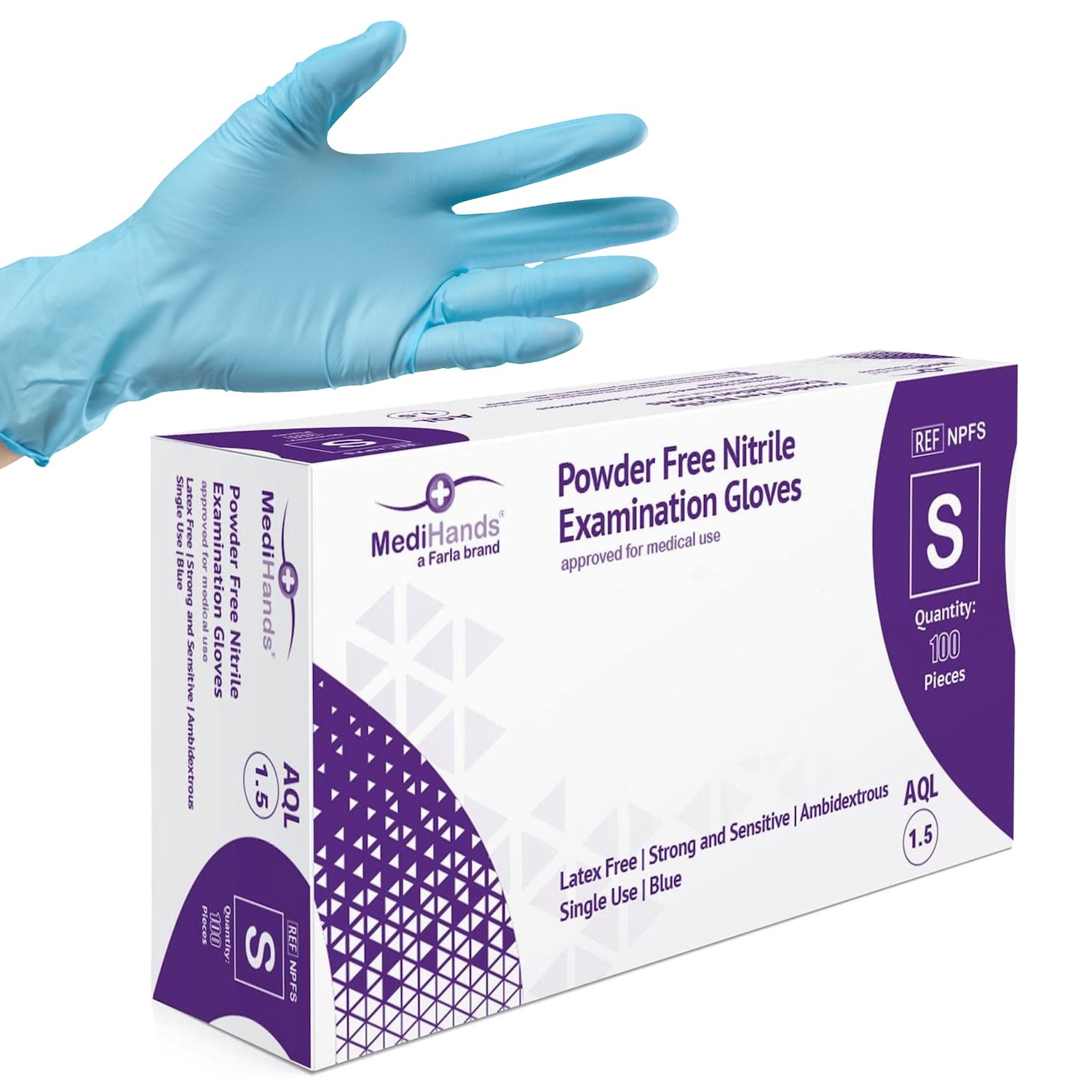 MediHands Examination Nitrile Powder Free Gloves | Blue | Small | Pack of 100 Pieces