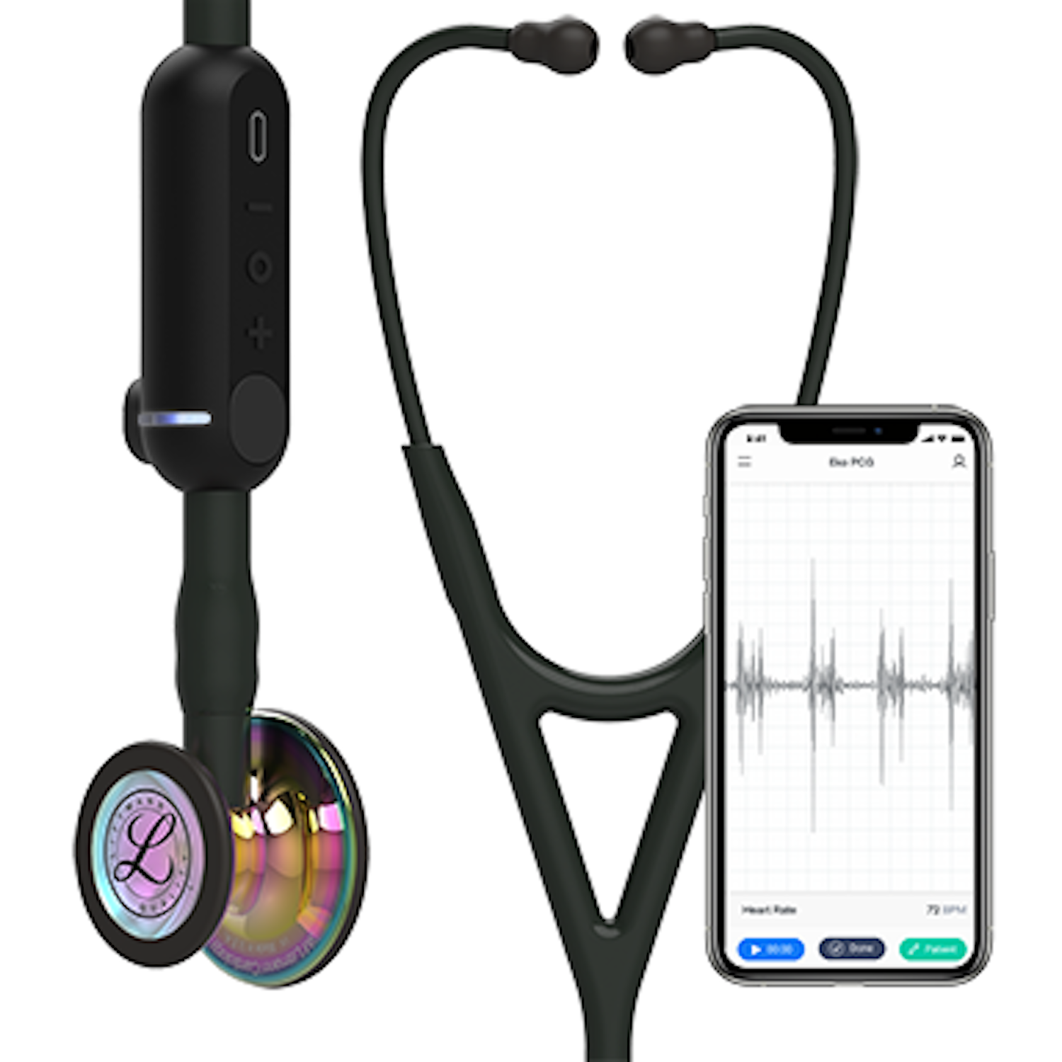 3M Littmann CORE Digital Stethoscope | High Polish Rainbow Chestpiece, Black Tube, Stem and Headset