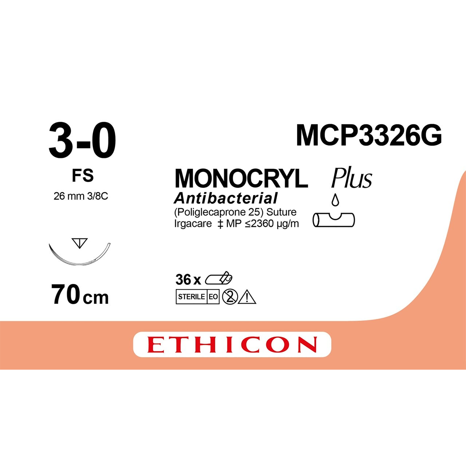 Ethicon Monocryl PLUS Antibacterial Suture  | Absorbable | Undyed | Monofilament | 1 x FS | 3-0 | 70cm | Pack of 12