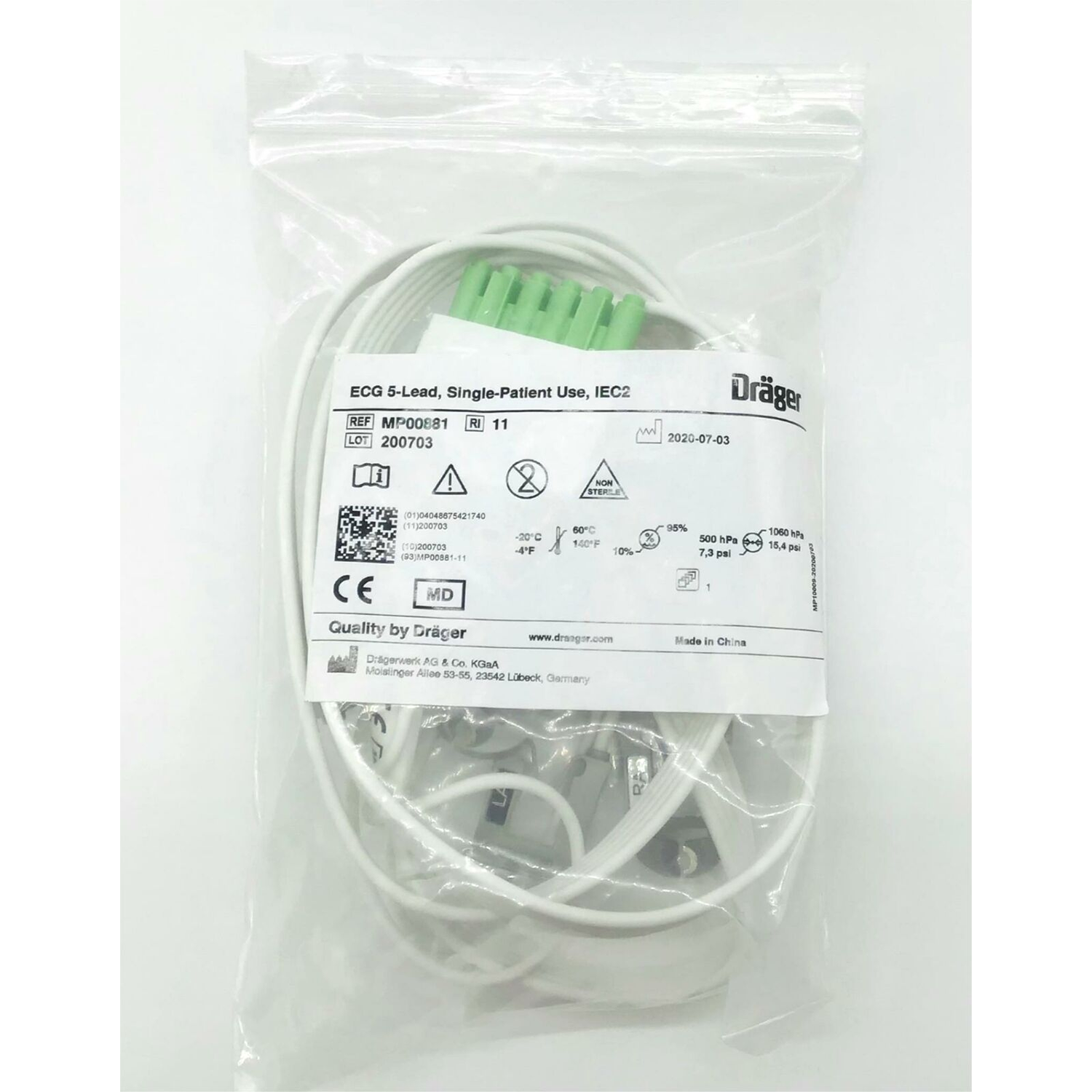 Disposable ECG cable | 5-Wire | Single Pin Conn | IEC2 | 1.5m | Pack of  20