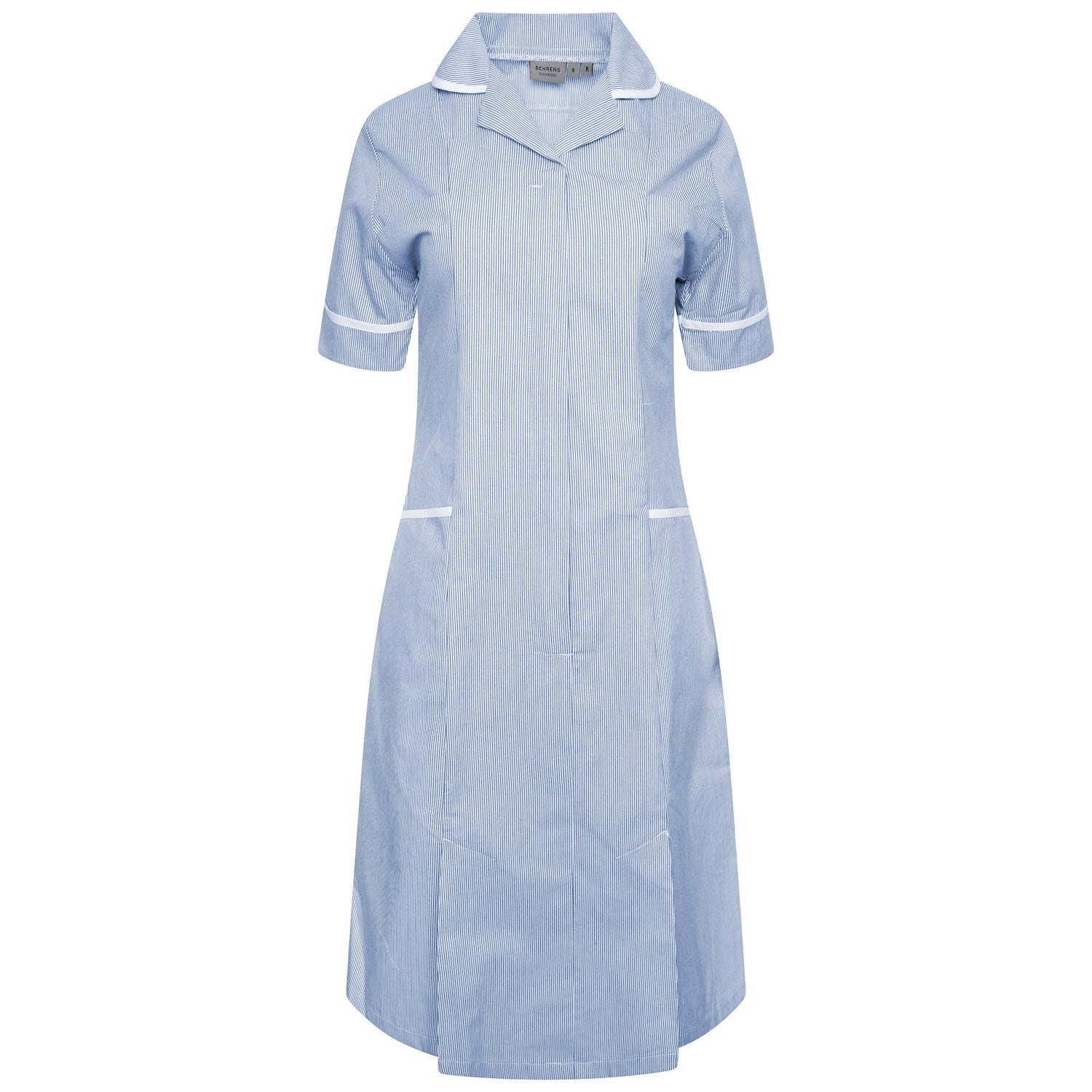 Ladies Healthcare Dress | Round Collar | Blue White Stripe/White Trim