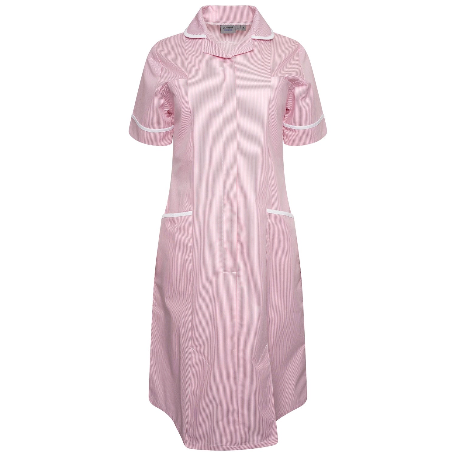 Ladies Healthcare Dress | Round Collar | Pink White Stripe/White Trim