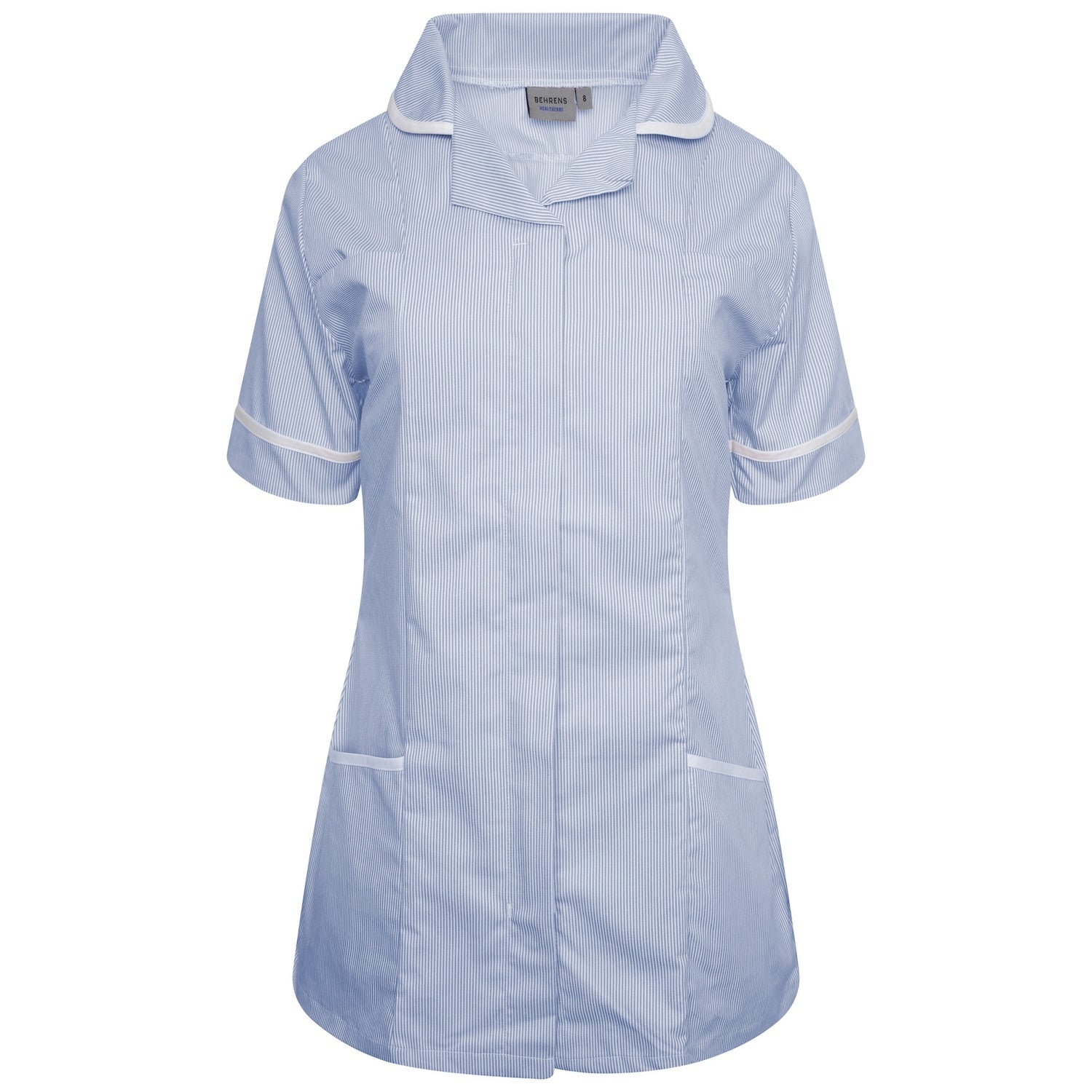 Ladies Healthcare Tunic | Round Collar | Blue White Stripe/White Trim