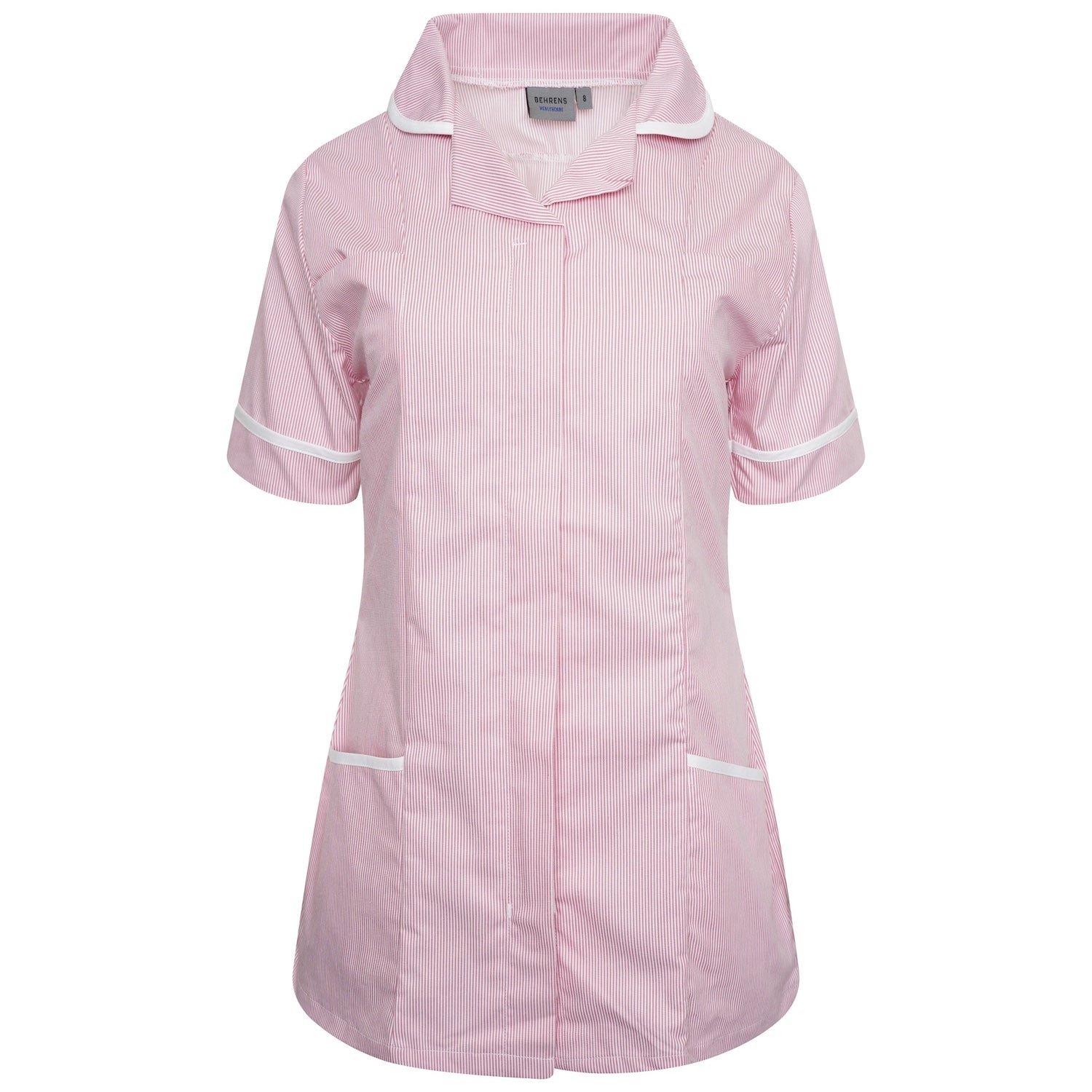 Ladies Healthcare Tunic | Round Collar | Pink White Stripe/White Trim