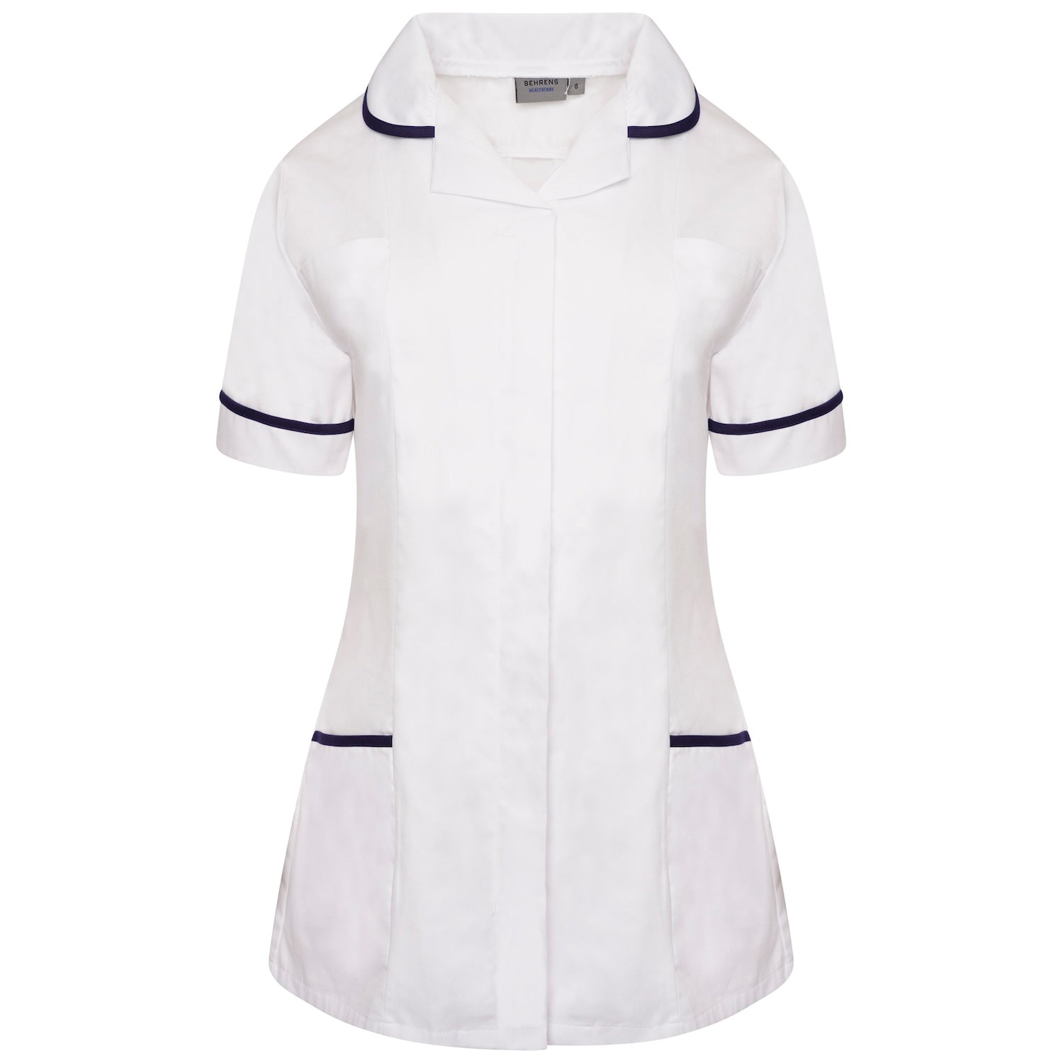 Ladies Healthcare Tunic | Round Collar | White/Navy Trim