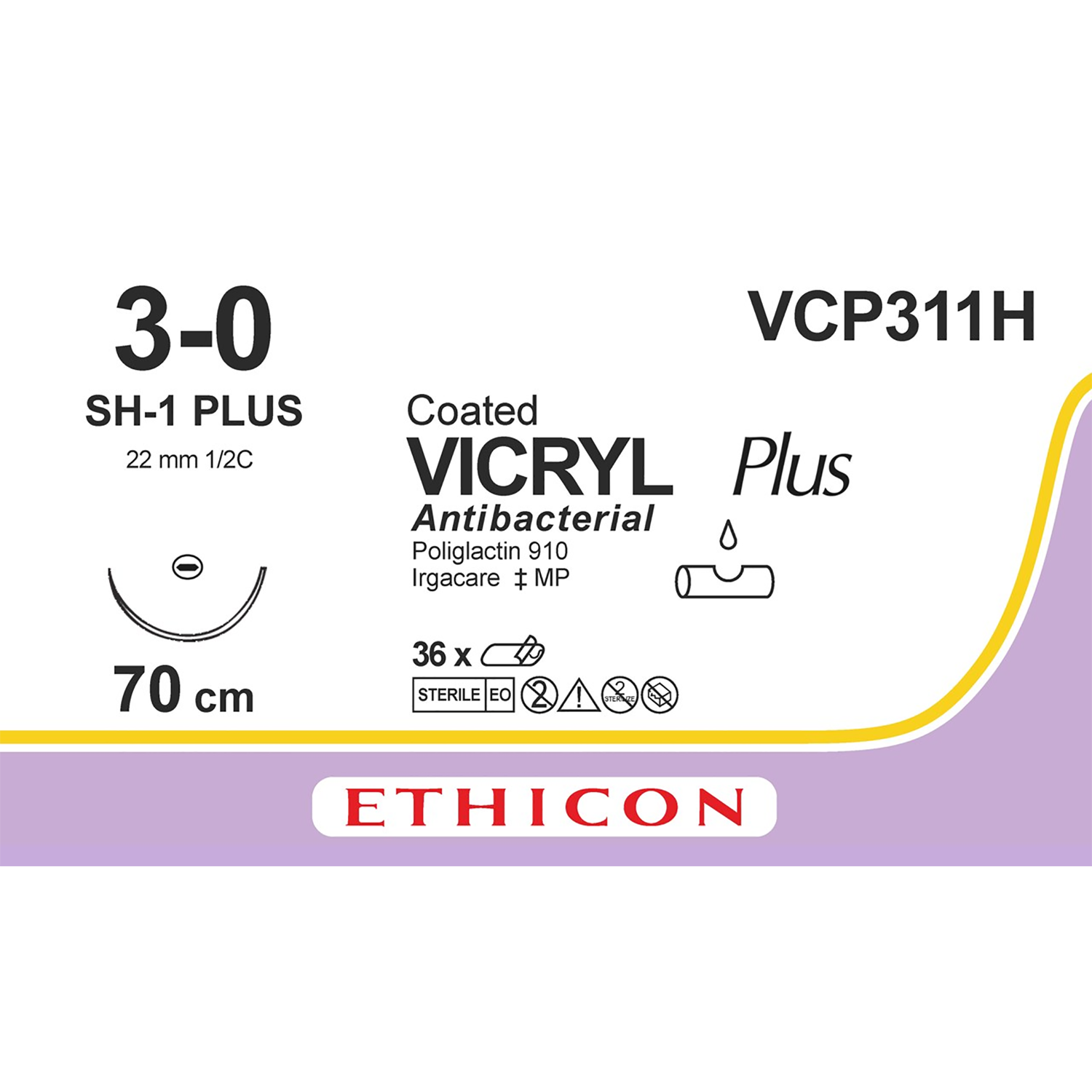 Ethicon Coated Vicryl Plus Suture | Absorbable | Violet | Size: 3-0 | Length: 27" | Needle: SH-1 | Pack of 36