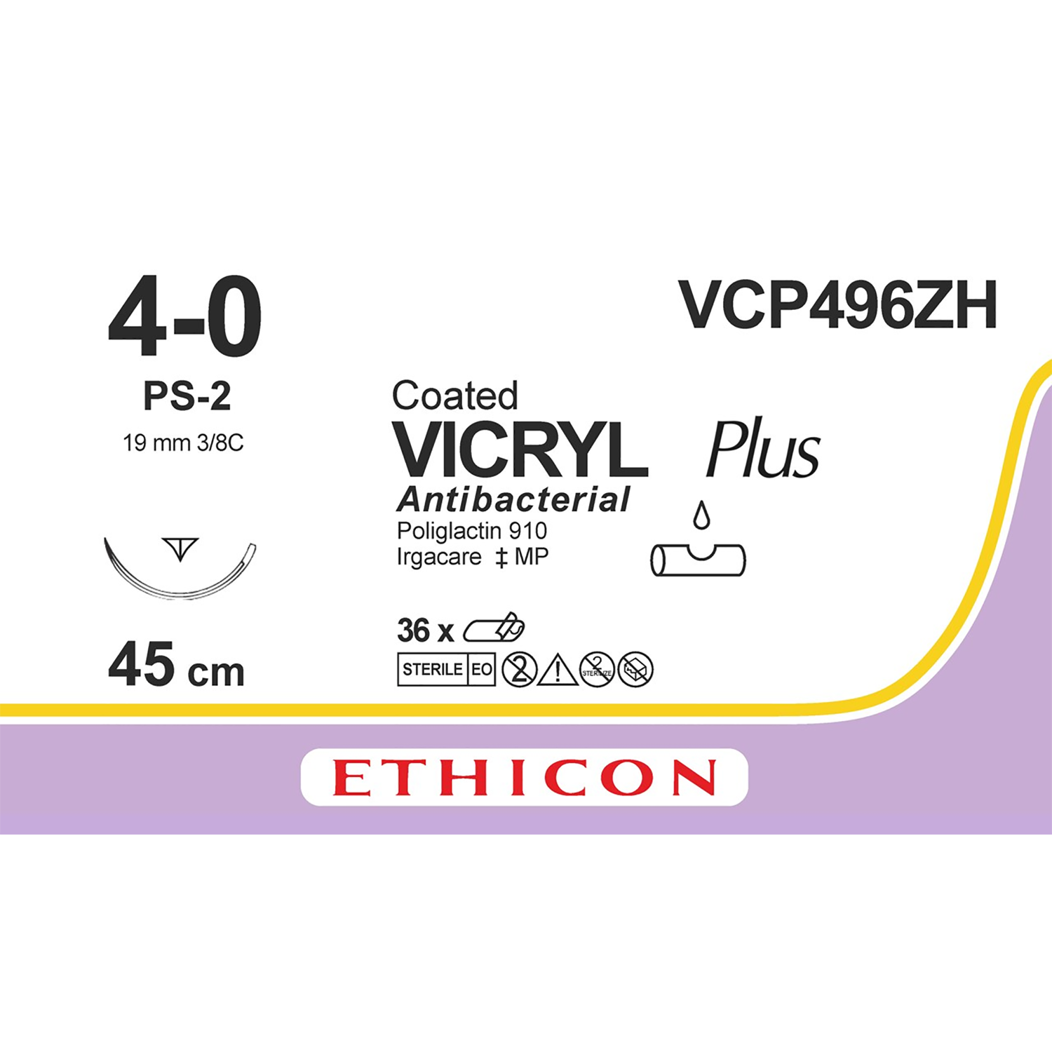 Ethicon Coated Vicryl Plus Suture | Absorbable | Undyed | Size: 4-0 | Length: 45cm | Needle: PS-2 | Pack of 36
