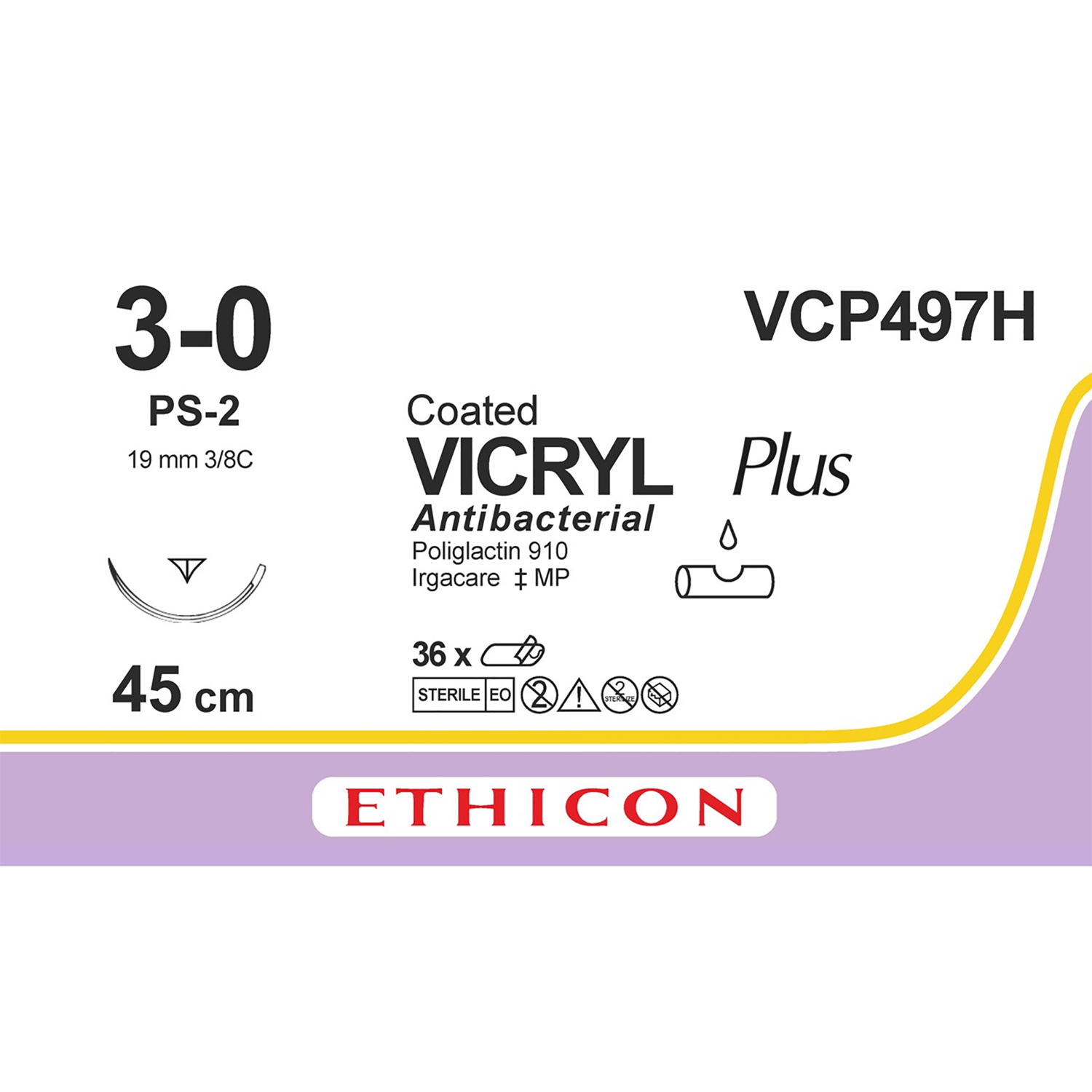 Ethicon Coated Vicryl Plus Suture | Absorbable | Undyed | Size: 3-0 | Length: 45cm | Needle: PS-2 | Pack of 36