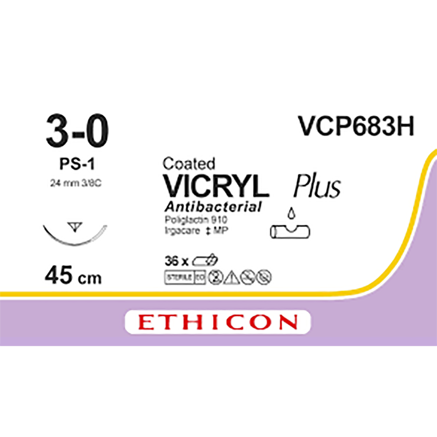 Coated Vicryl Plus Suture | Absorbable | Undyed | Suture Size: 3-0 | Length: 18" | Needle: PS-1 | Pack of 36