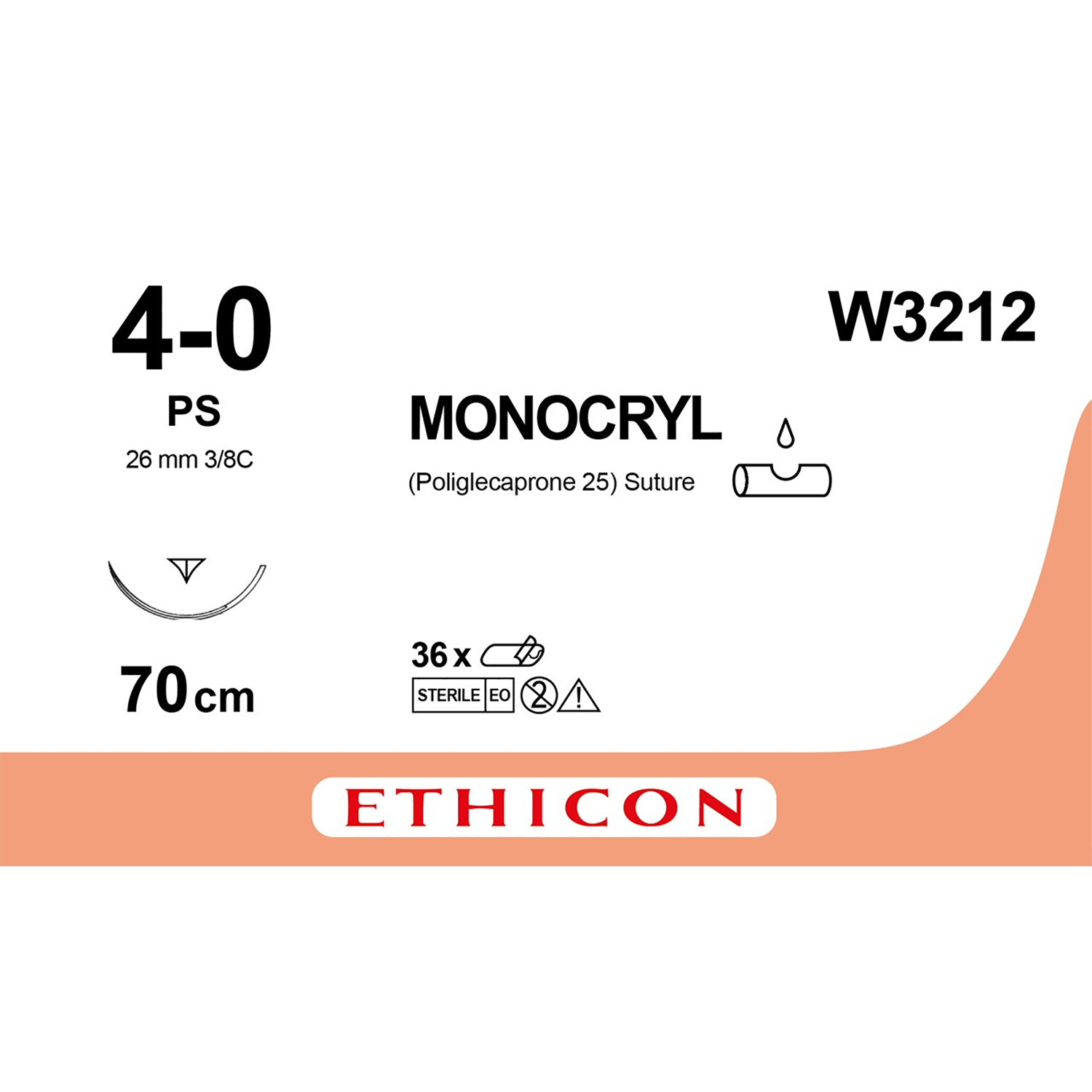 Ethicon Monocryl Suture  | Absorbable | Undyed | Wire D: 4-0 | Length: 70cm | Needle: PS | Pack of 12
