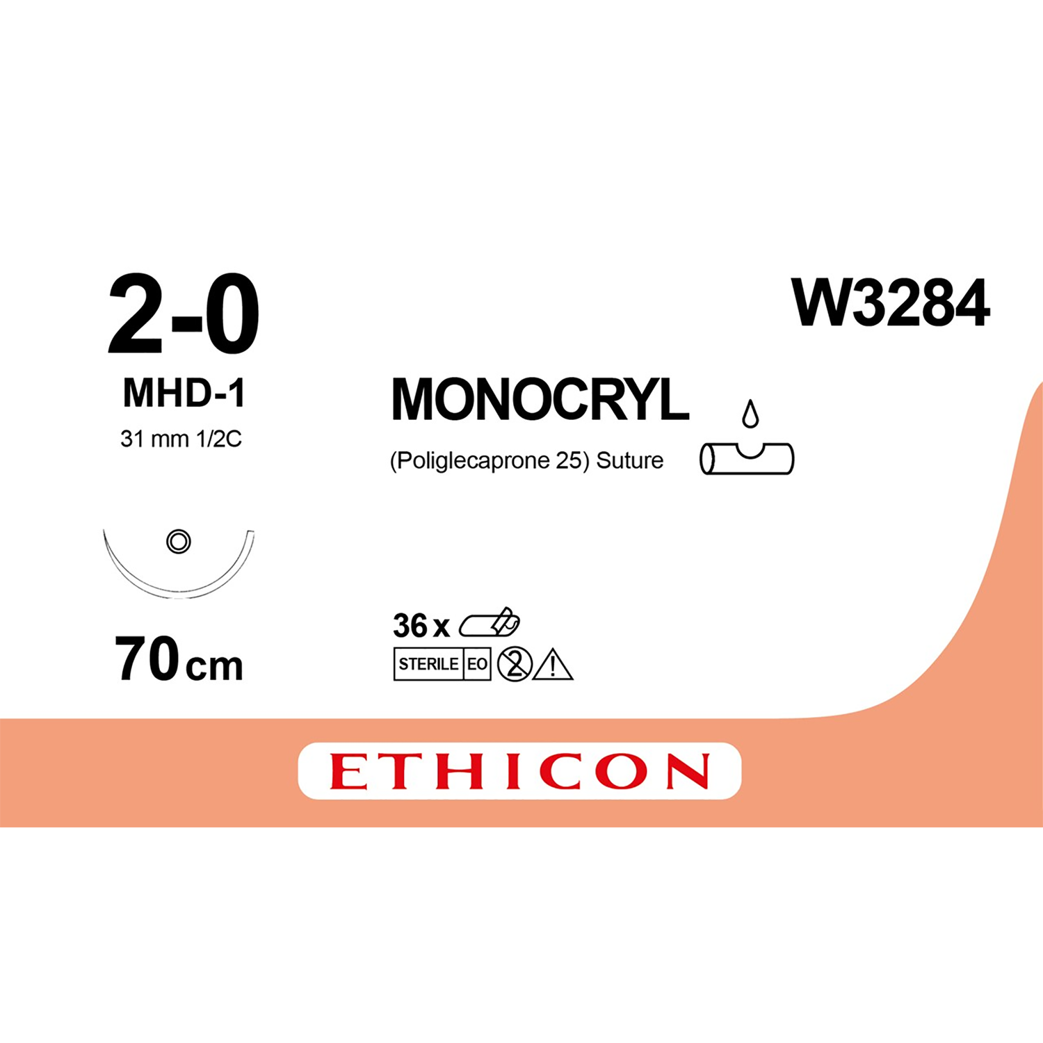 Ethicon Monocryl Suture | Absorbable | Violet | Wire D: 2-0 | Length: 70cm | Needle: MHB-1 | Pack of 12
