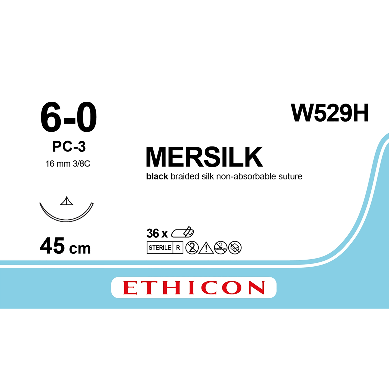 Ethicon Mersilk Suture | Non Absorbable | Black | Size: 6-0 | Length: 45 | Needle: PC-3 | Pack of 36