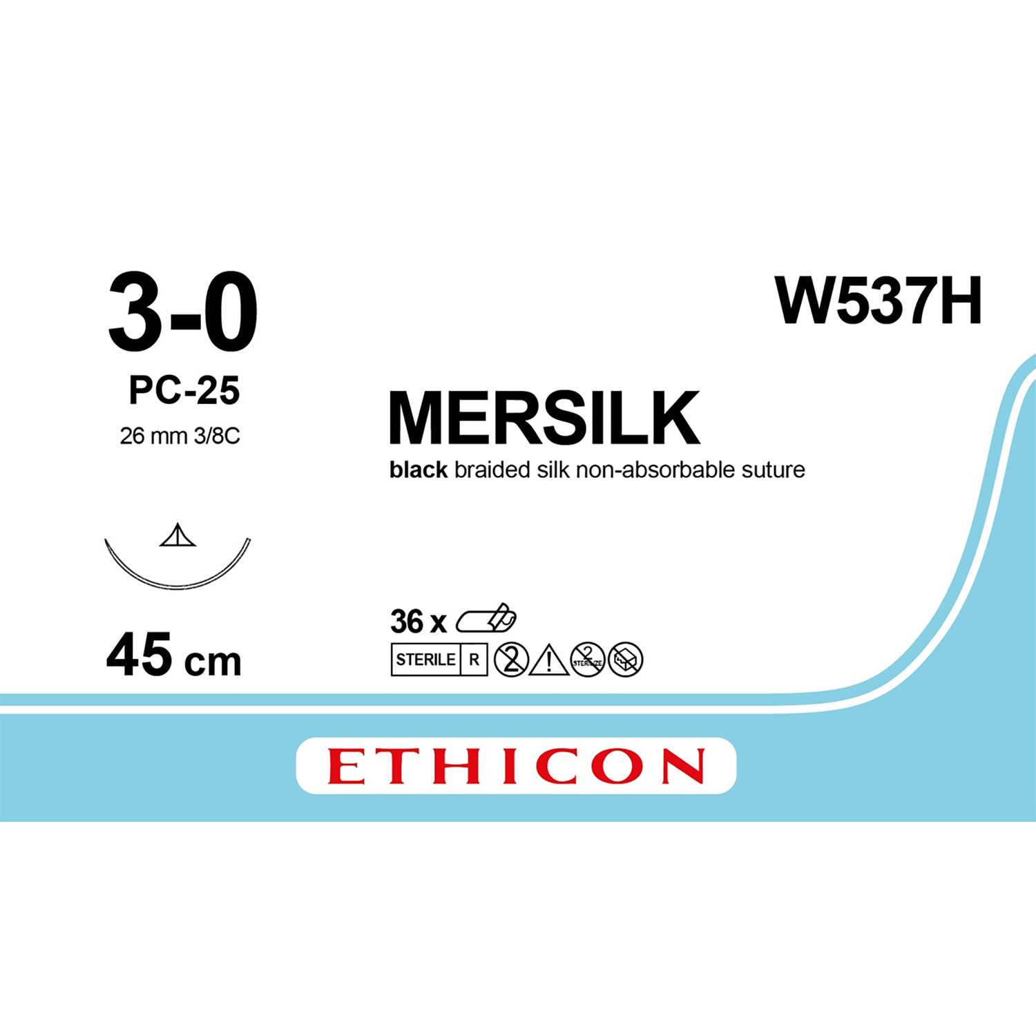 Ethicon Mersilk Suture | Non Absorbable | Black | Size: 3-0 | Length: 45cm | Needle: PC-25 | Pack of 36