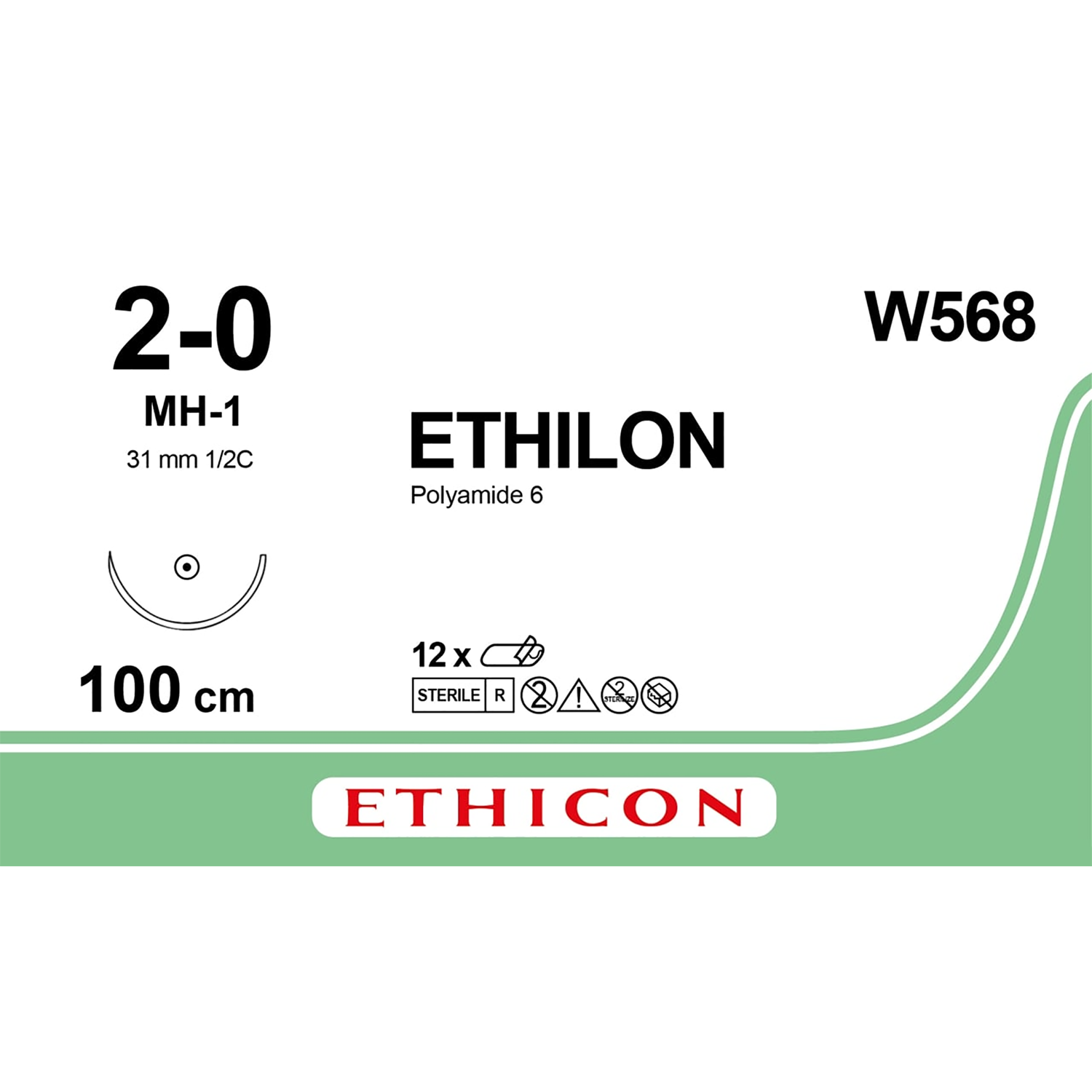 Ethicon Nylon Suture | Non Absorbable | Black | Size: 6-0 | Length: 18" | Needle: PC-3 | Pack of 12