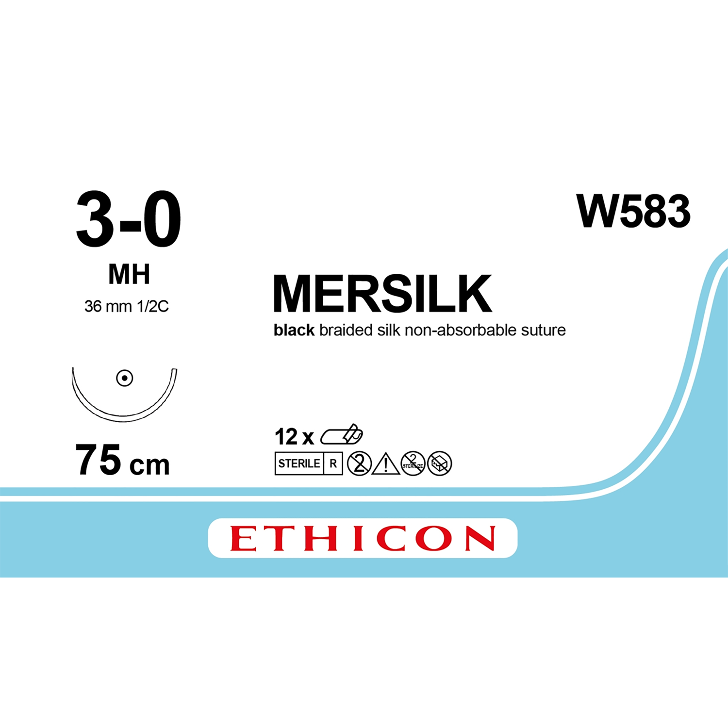 Ethicon Mersilk Suture | Non Absorbable | Black | Size: 3-0 | Length: 75cm | Needle: MH | Pack of 12