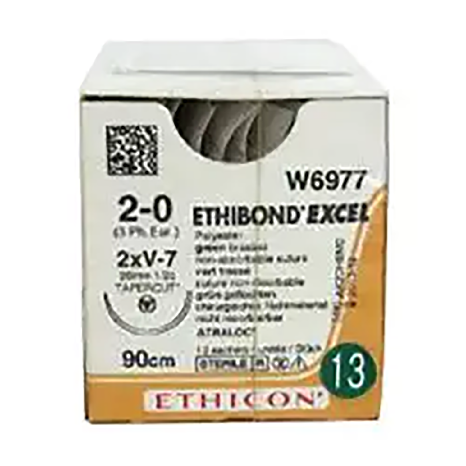 Ethibond Excel Polyester Suture | Non Absorbable | Green | Size: 2-0 | Length: 90 | Needle: V-7 | Pack of 12