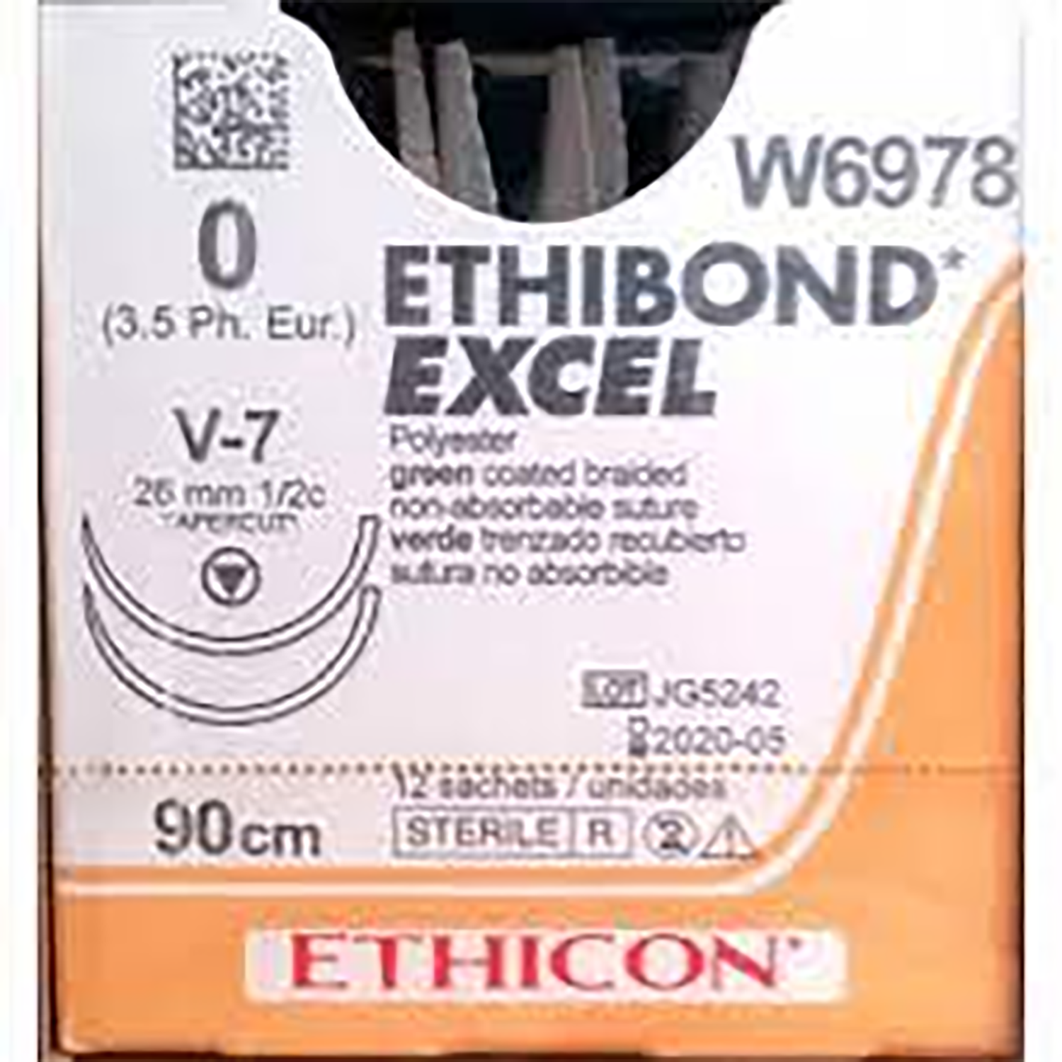 Ethibond Coated Polyester Suture Cartridge | Non Absorbable | Green | Size: 0 | Length: 90 | Needle: V-7 | Pack of 12 (1)