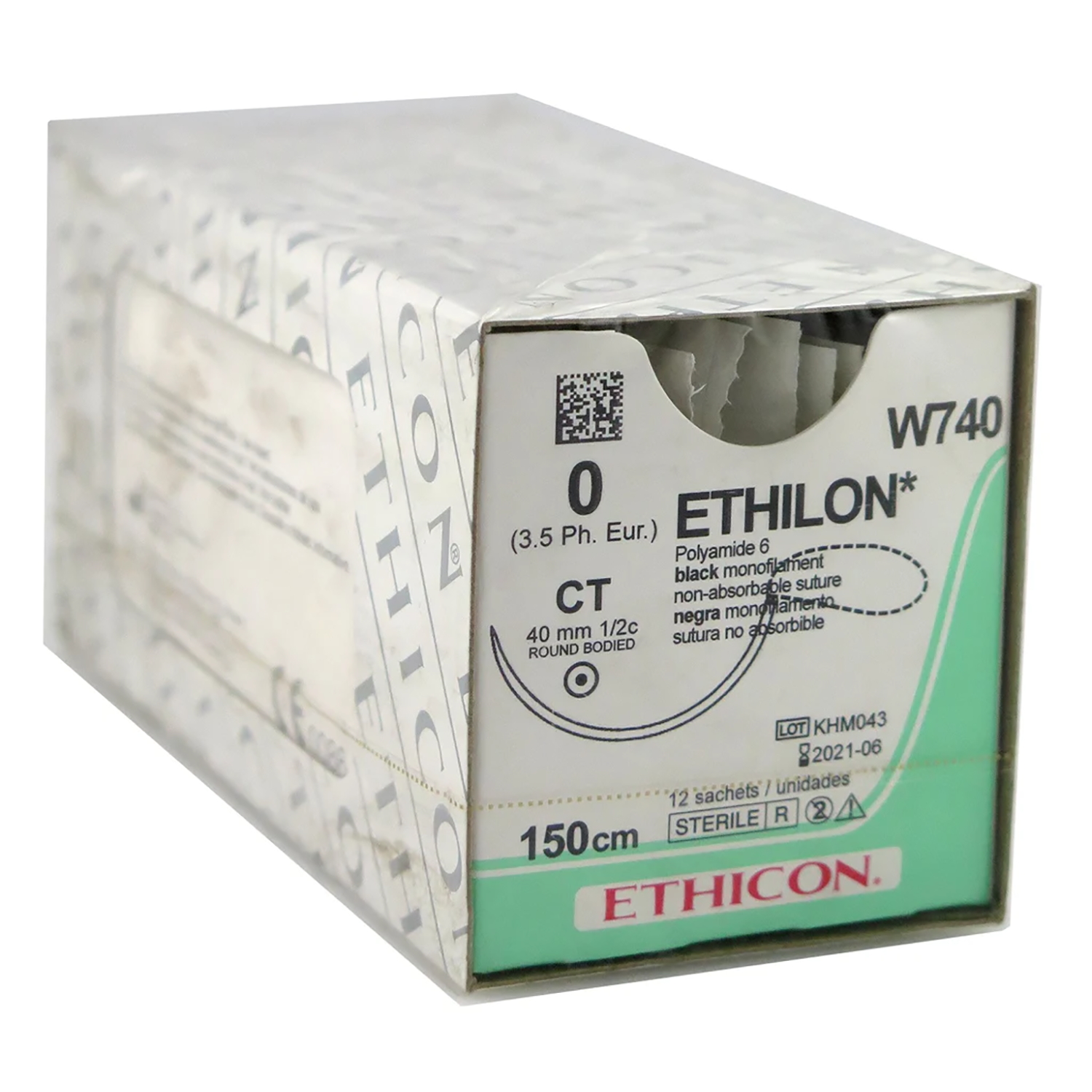 Ethicon Nylon Suture | Non Absorbable | Black | Size: 0 | Length: 150cm | Needle: CT | Pack of 12