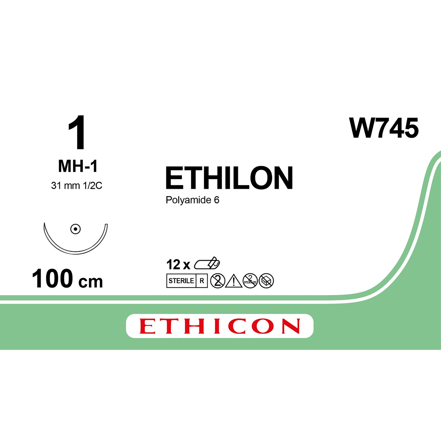 Ethicon Nylon Suture | Non Absorbable | Black | Size: 1 | Length: 100cm | Needle: MH-1 | Pack of 12