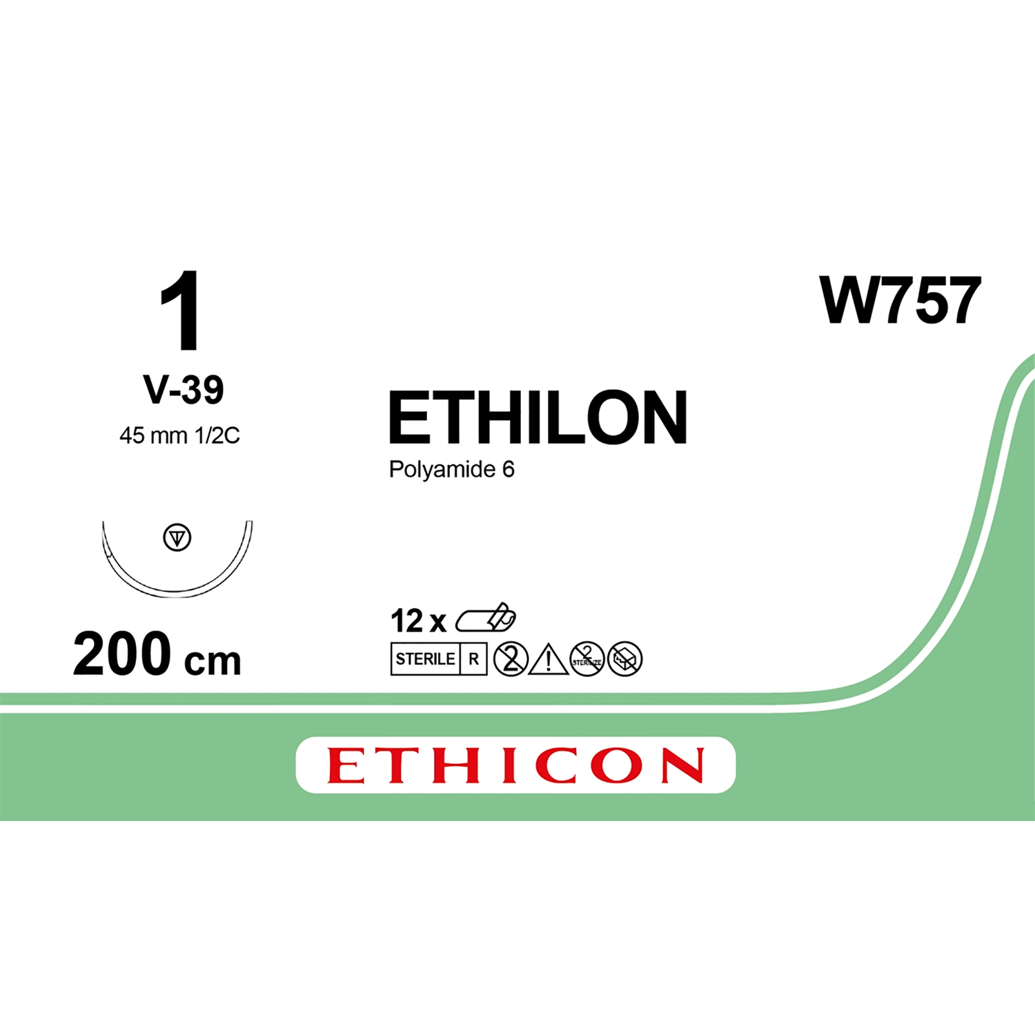 Ethicon Nylon Suture | Non Absorbable | Black | Size: 1 | Length: 200cm | Needle: V-39 | Pack of 12