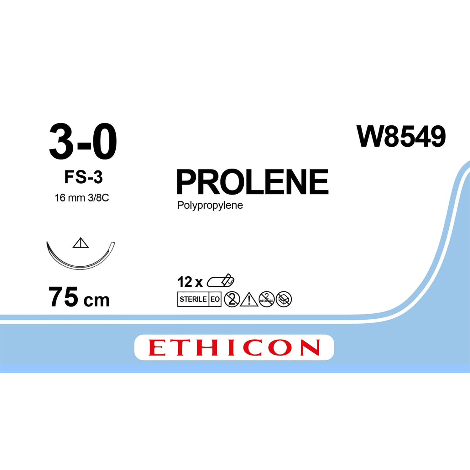 Ethicon Prolene Suture | Non Absorbable | Blue | Size: 3-0 | Length: 75cm | Needle: FS-3 | Pack of 12